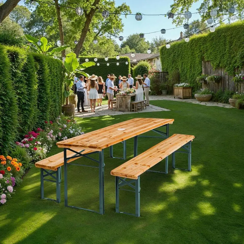 tectake Biertafelset Ludwig 3-delig opklapbaar met parasolhouder, Bruin