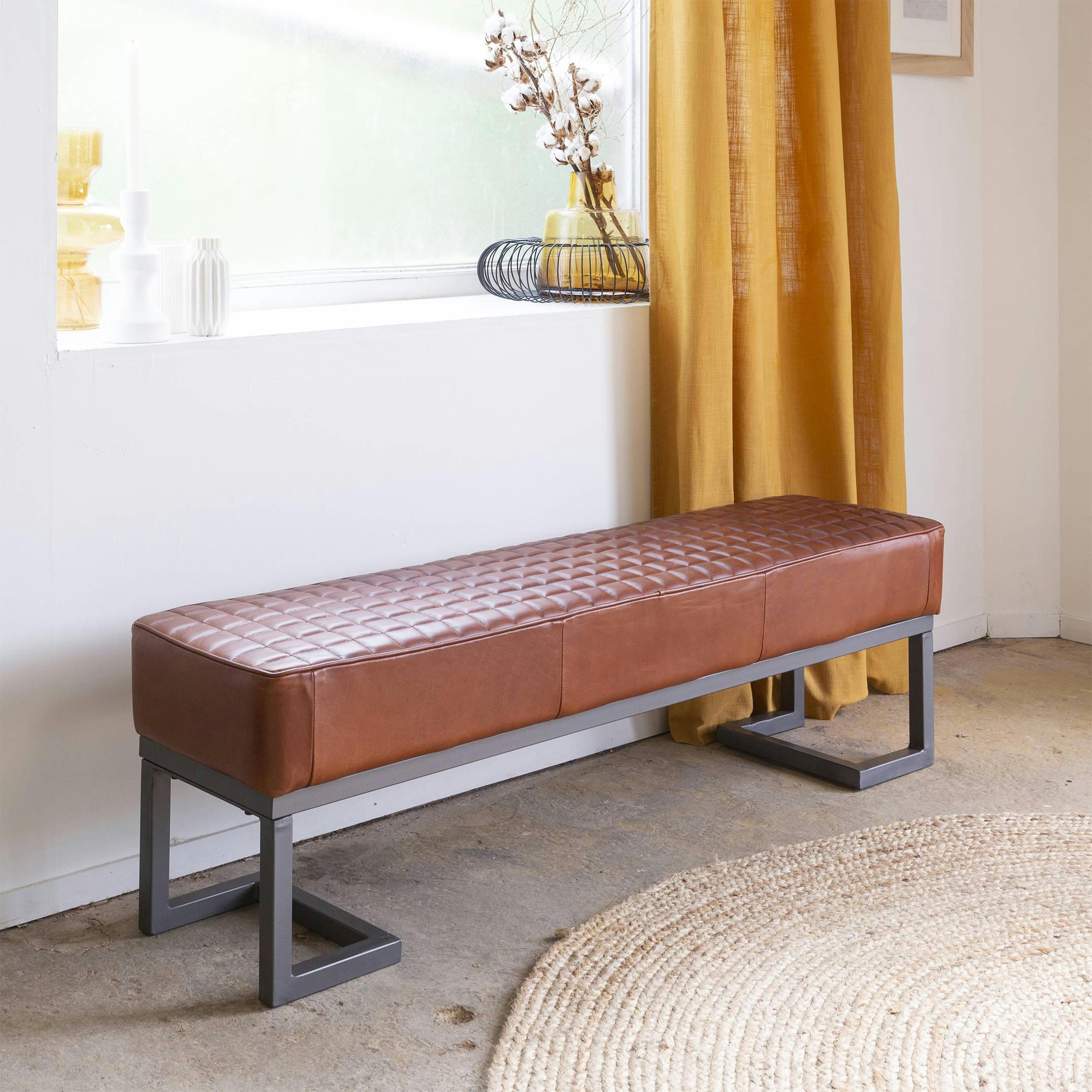 - Banc en cuir et croûte de cuir marron 144 cm