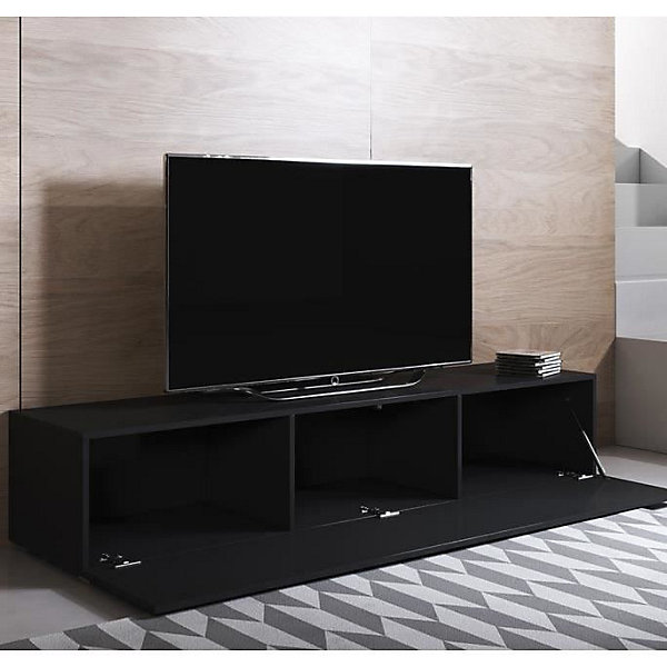 Meuble TV contemporain - Noir brillant - 3 compartiments - 160x32x40 cm