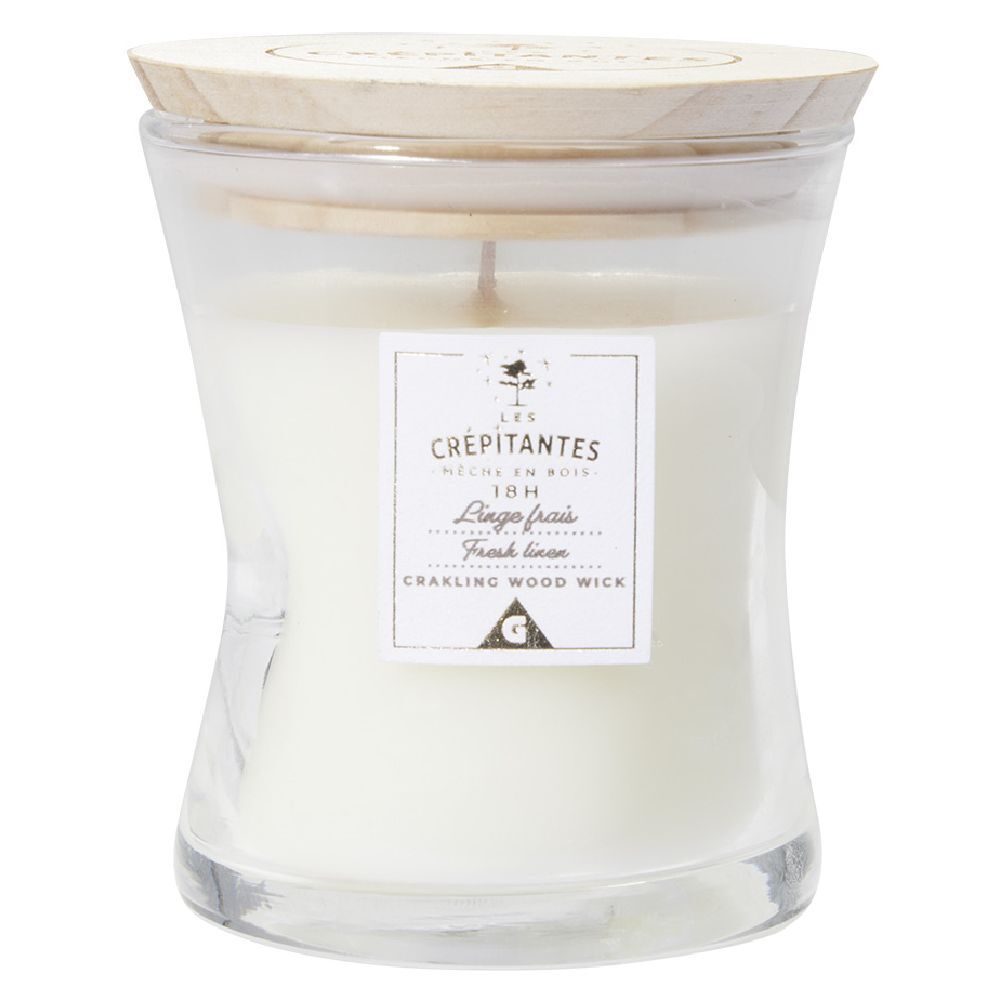 Bougie parfumée blanche Les crépitantes senteur linge frais 18H