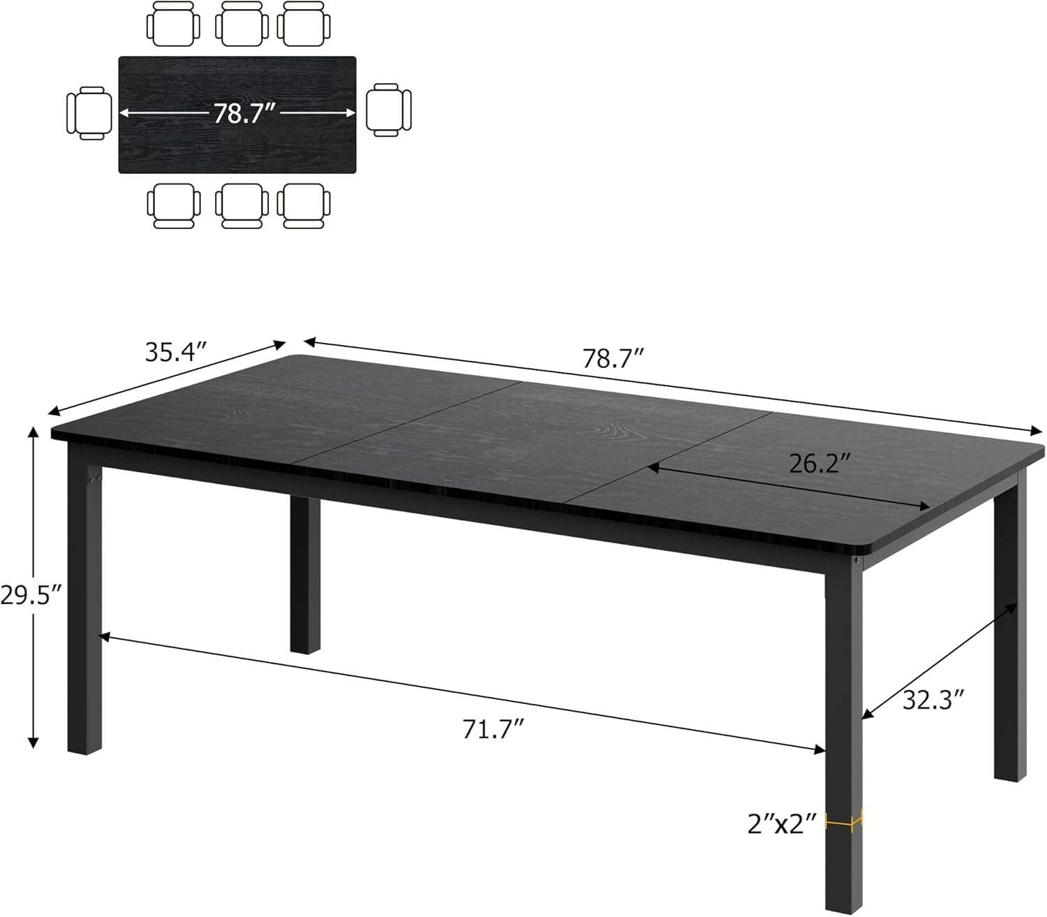 Garvee 79 in Dining Table for 6, Farmhouse Wooden Kitchen Tables for Family, Rectangular Industrial Style Dining Room Table with Sturdy Metal Frame, Long Desk for Restaurant, Kitchen, Office,Black