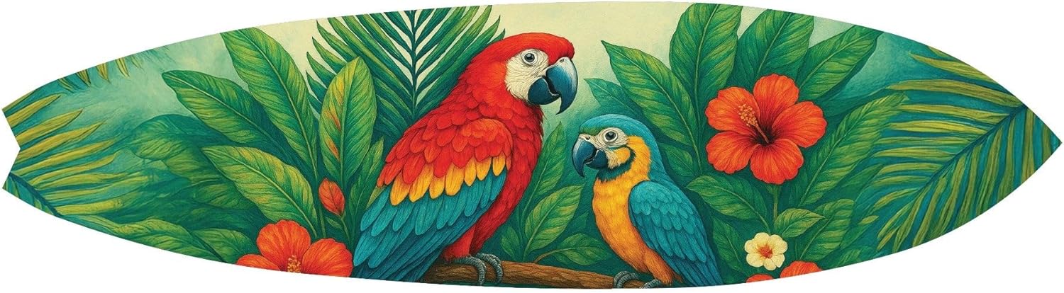 JennyGems Tropical Parrot Surfboard Decor, Indoor Outdoor Beach House and Tiki Bar Decoration with Hibiscus Flowers and Palm Leaves (3 Feet)