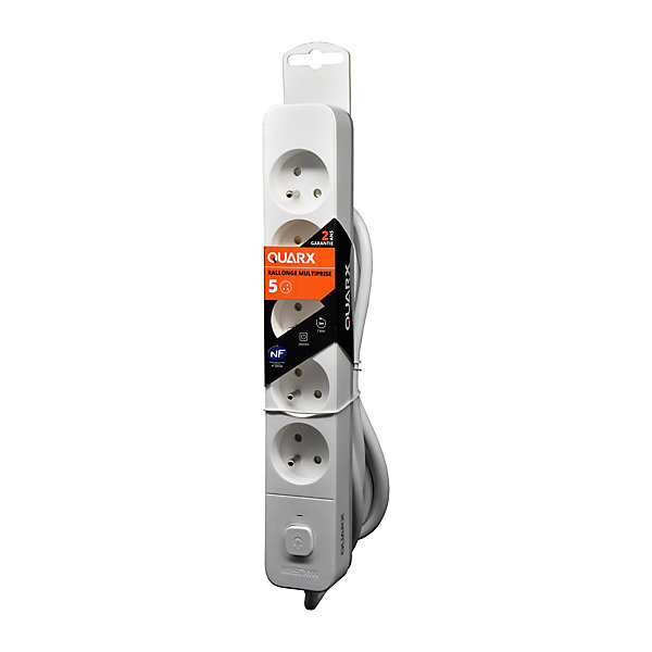 Multiprise avec interrupteur 5 prises 2 pôles   terre Quarx blanc / gris 3 m