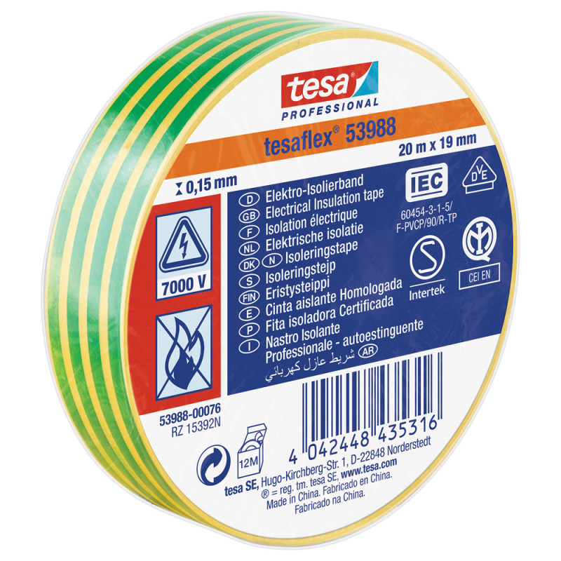 Ruban d'isolation électrique jaune et vert 19 mm x 20 m TESA
