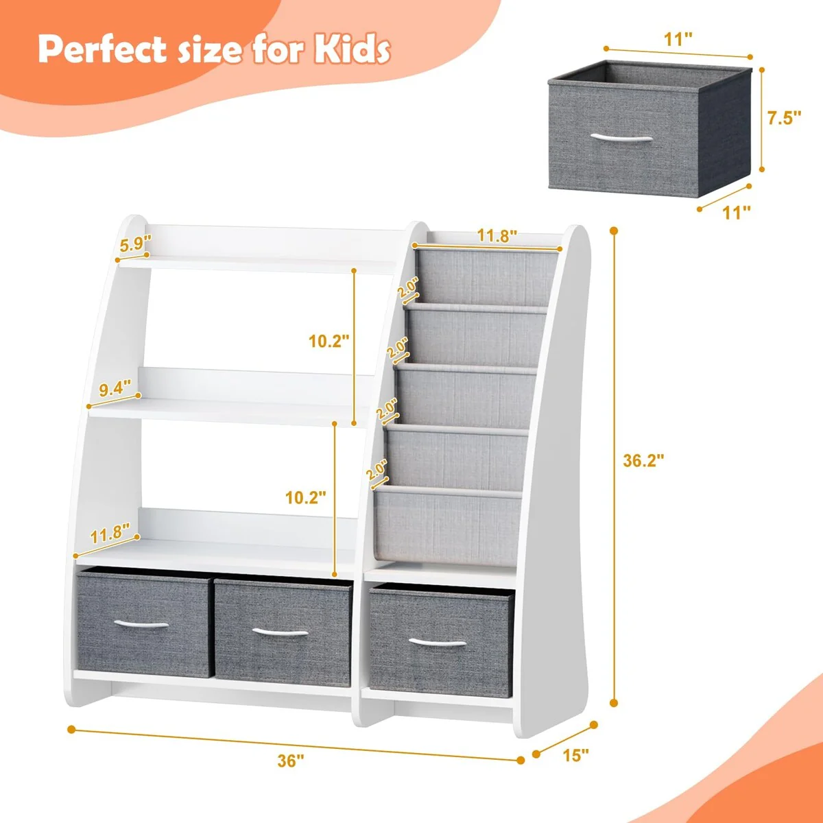 White Kids Bookshelf Wood Toy Storage Organizer Cabinet Children Bookcase Toddler Baby Sling Book Rack 3 Cube Bins Sail Boat