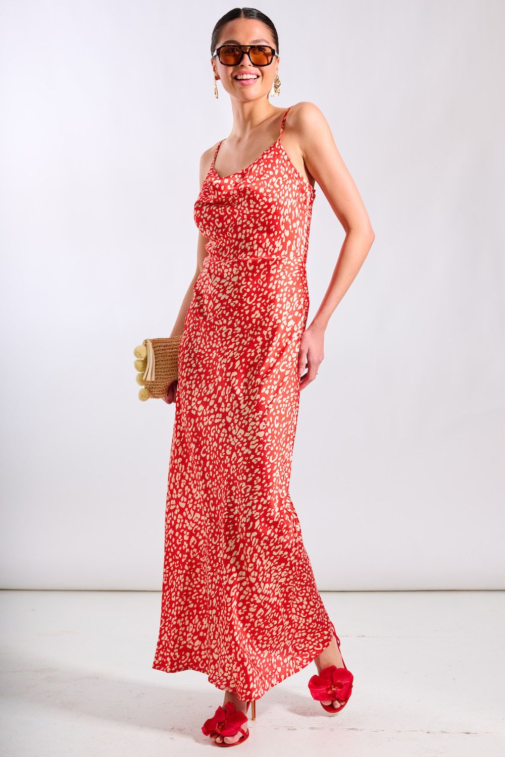 Needs No Label Red Animal Cowl Neck Maxi Slip Dress
