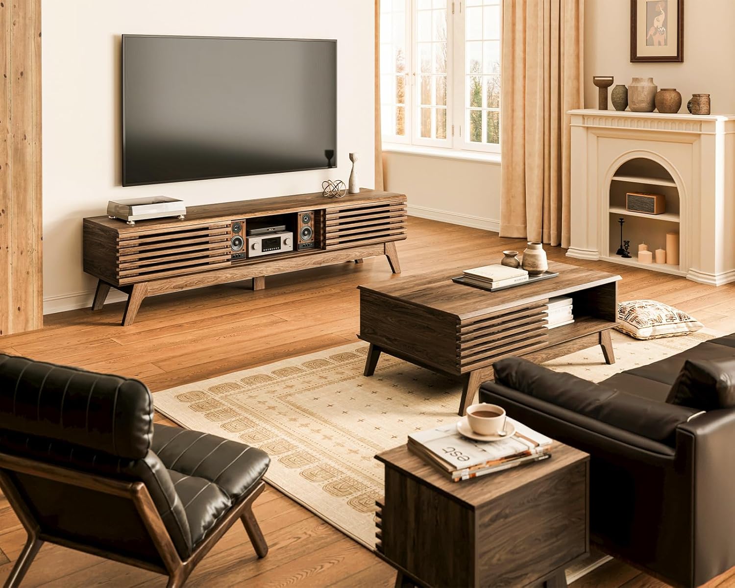 AODK 59 TV Stand for 55/60/65 TVs, Mid-Century Modern Fluted Entertainment Center with Sliding Doors, Storage Cabinets & Media Console Table, Living Room & Bedroom, Walnut