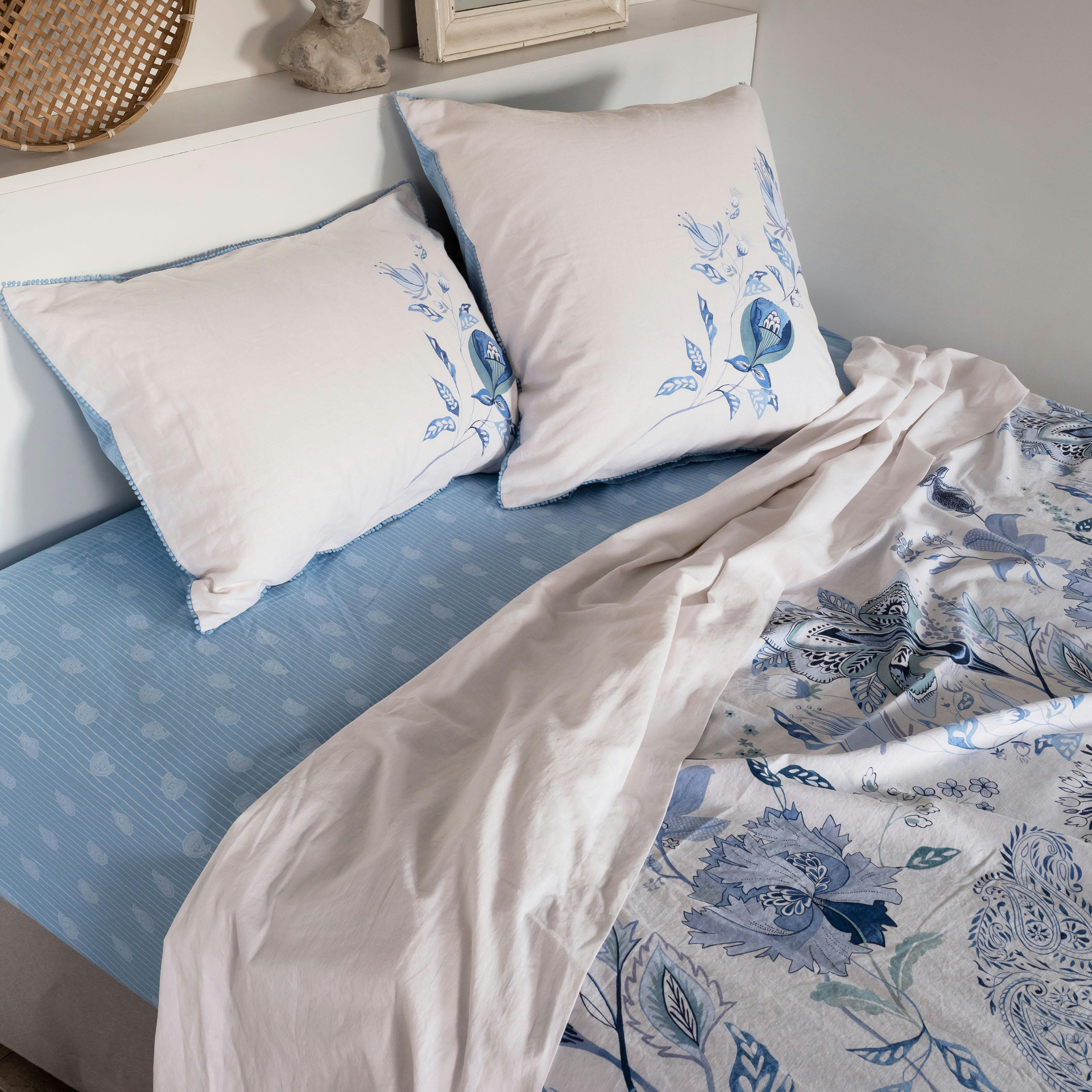 MADELEINE - Drap de lit lin et coton lavé imprimé bleu 270 x 300 cm