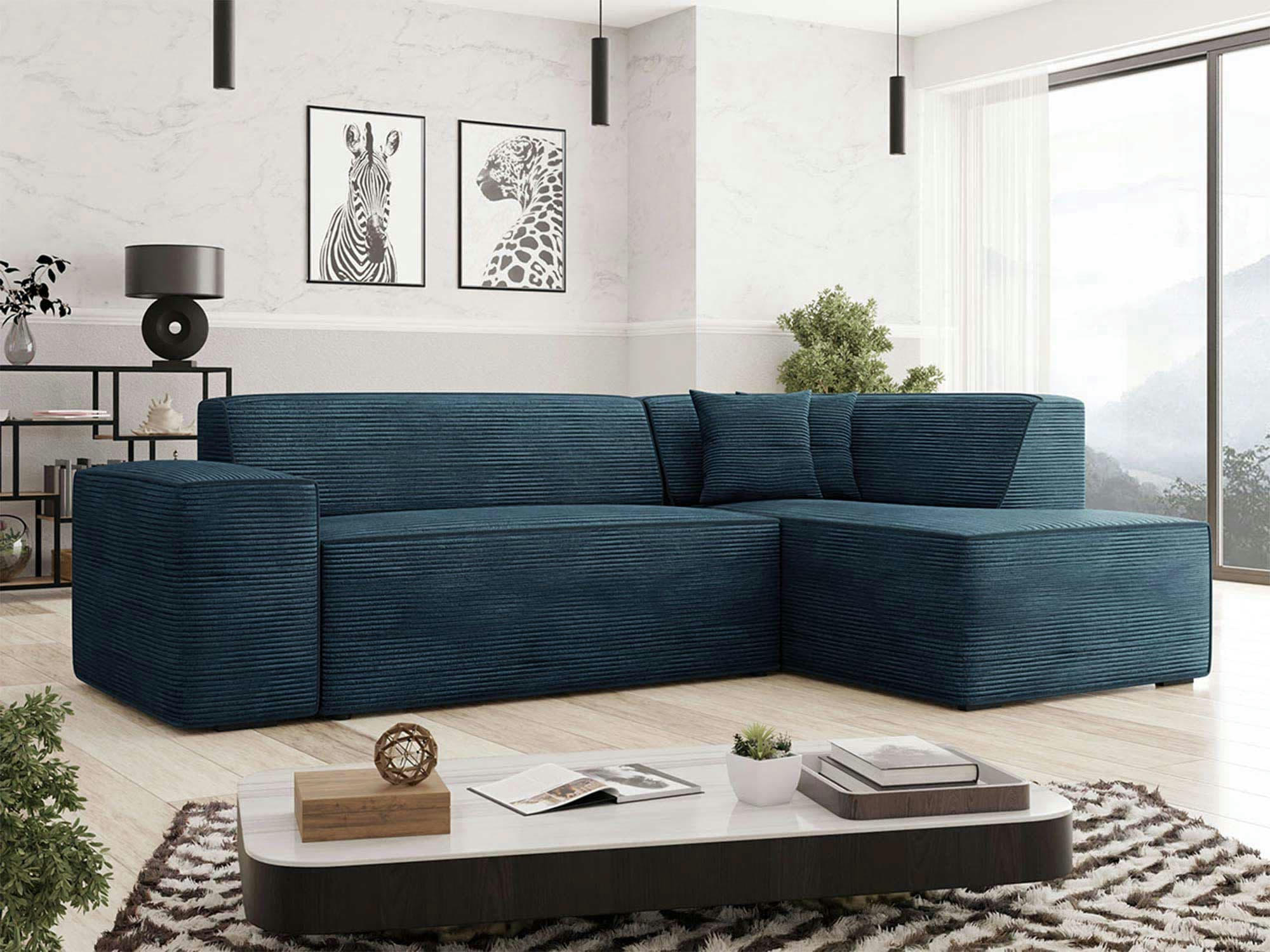 DUCHAMP - Canapé d'angle droit 5 places en velours côtelé bleu ardoise