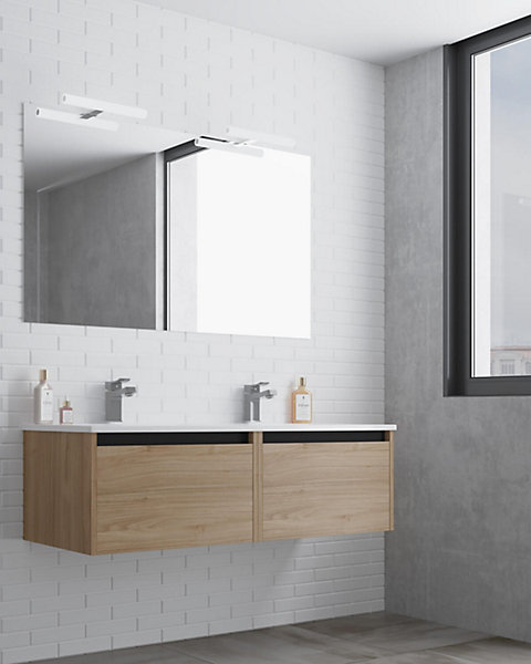Ensemble de salle de bain meuble suspendu 120cm NICE EDGE bois clair - Vasque - Miroir - Applique