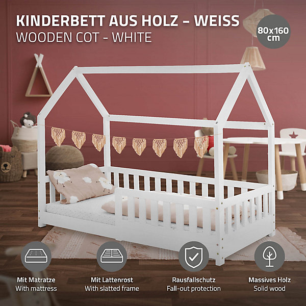 Lit d'enfant ML-Design 80x160 cm naturel bois de pin massif style maison avec matelas et protection