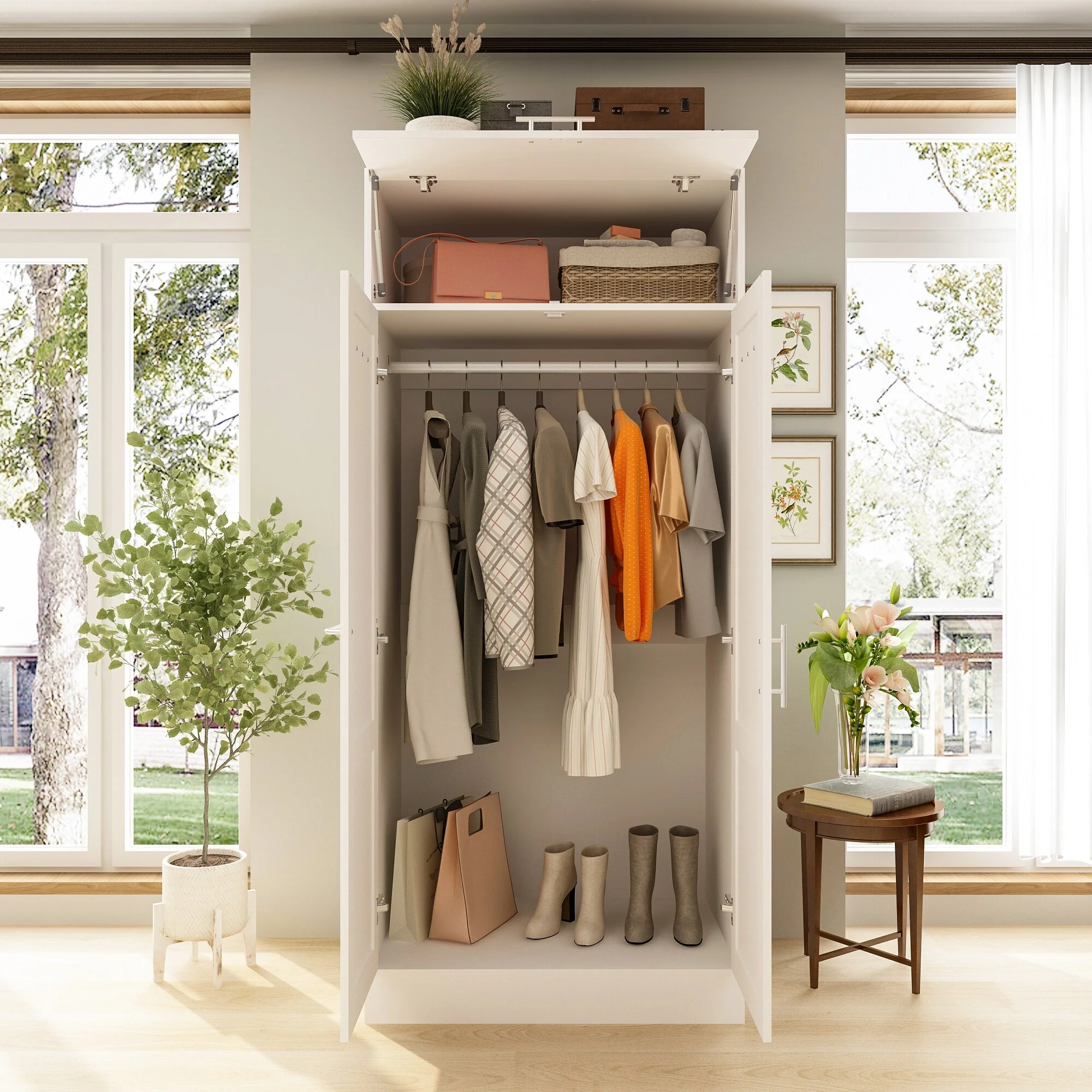 White Entryway Armoiret with Hooks and Hanging Rod for Modern Spaces