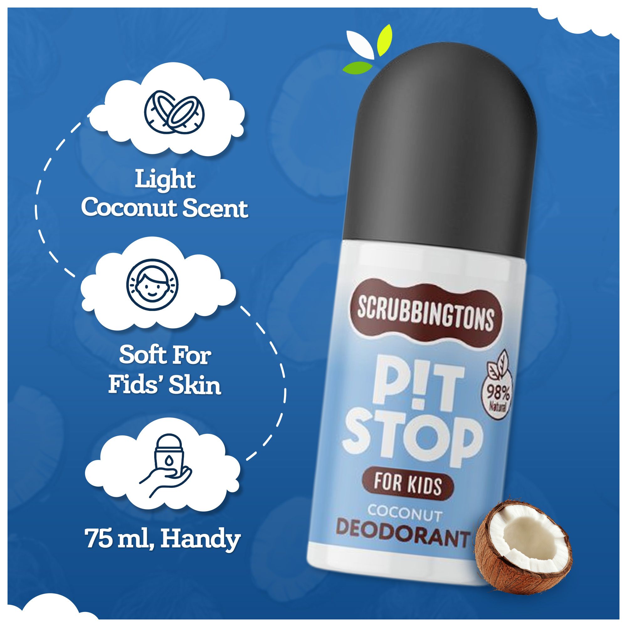 Scrubbingtons Scrubbingtons Pit Stop Kids Deodorant 98% Natural Roll On Coconut 75ml
