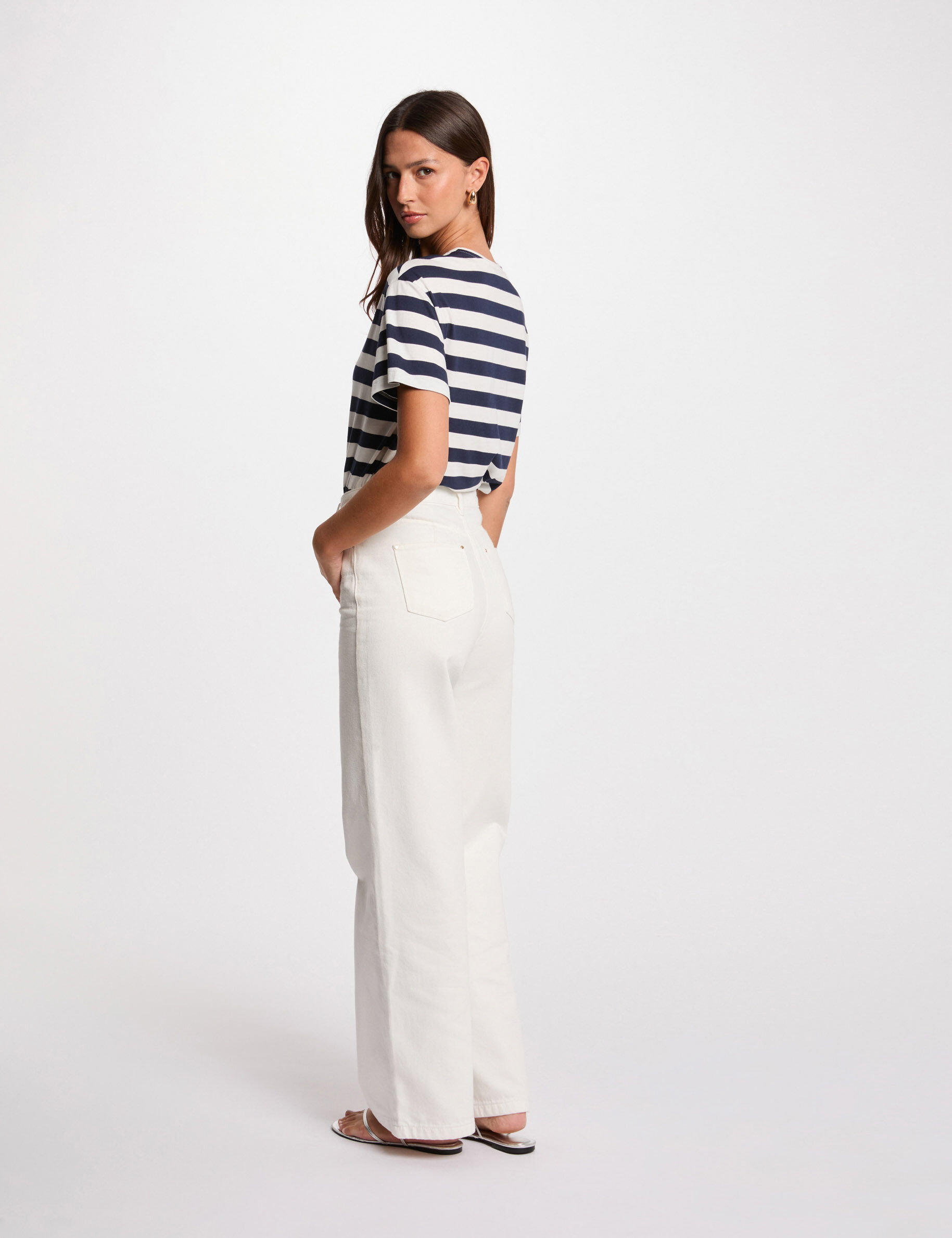 Striped Short Sleeve T-Shirt White Women