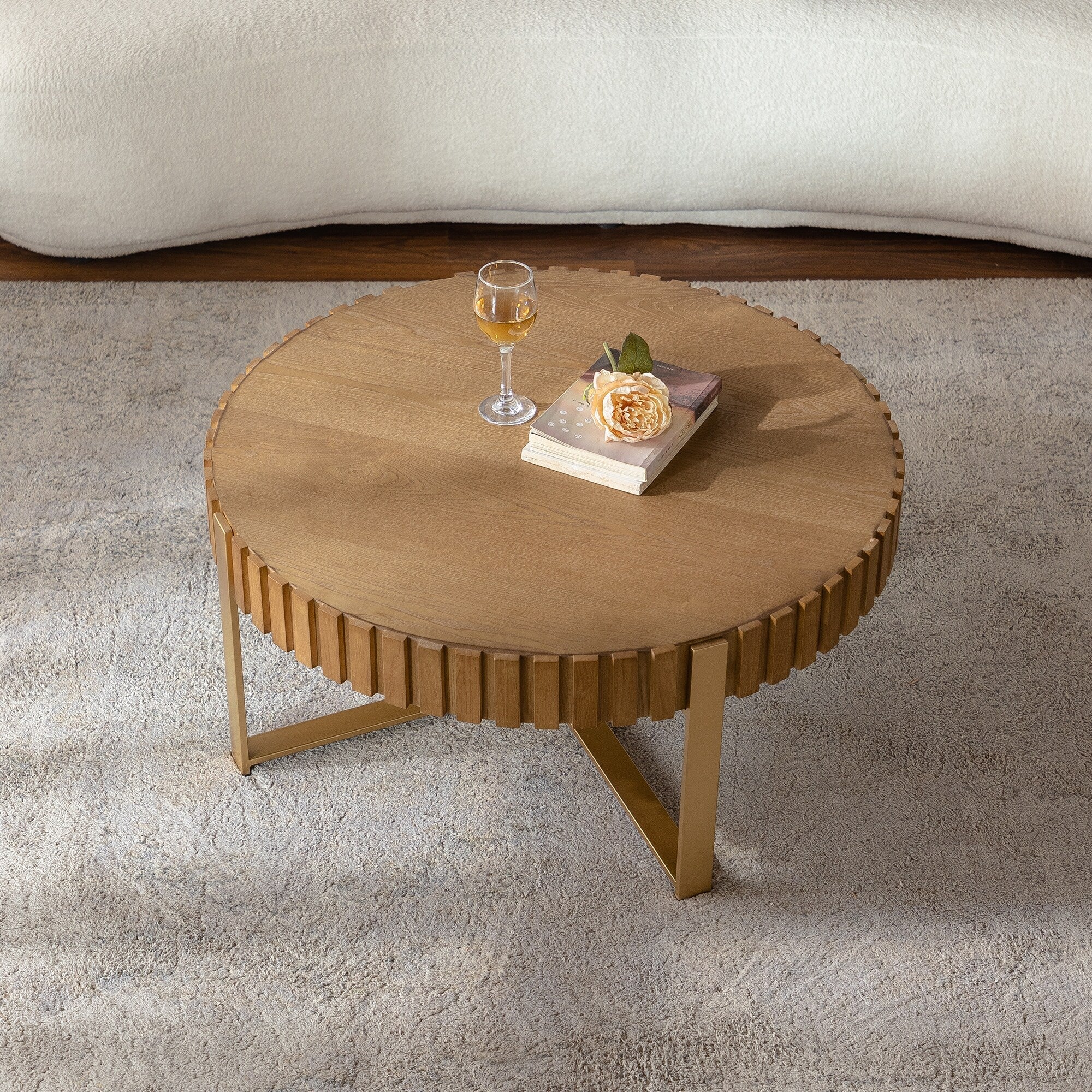 Round Two-Ply Coffee Table Handcrafted Relief Sturdy Pedestal Wooden Olive-Shaped Tea Table