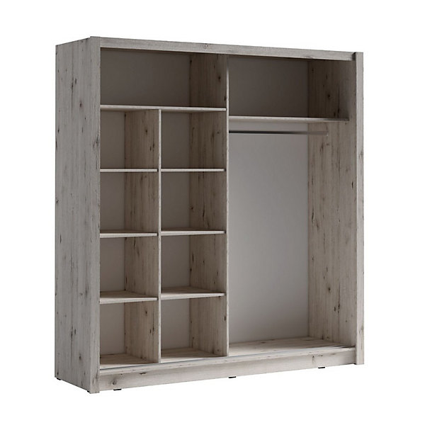 Armoire 2 portes coulissantes 205 cm avec 4 miroirs carrés - chene Wellington - Collection OZZULA