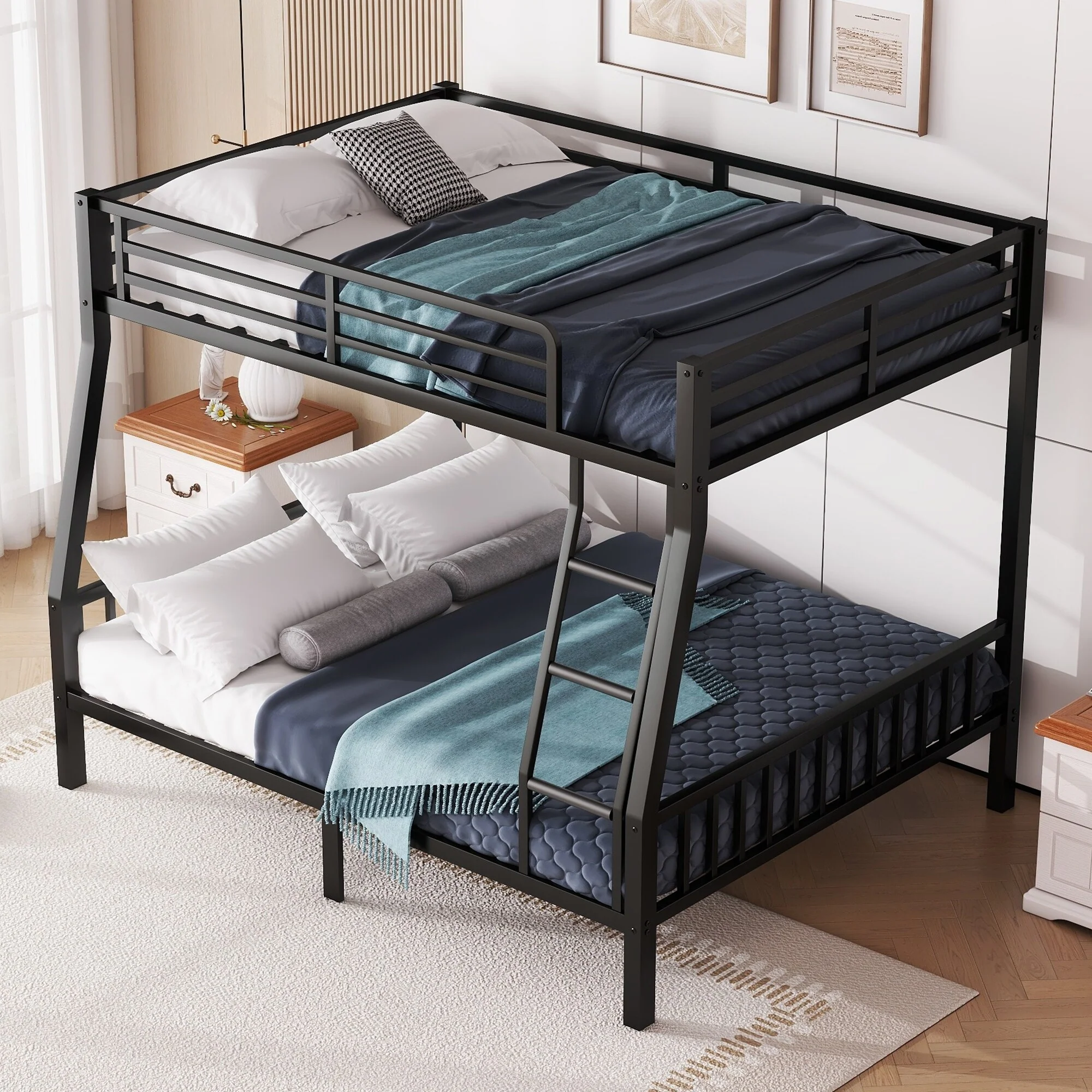 Full XL Over Queen Metal Bunk Bed with Ladder and Slats Support for Adults Teens