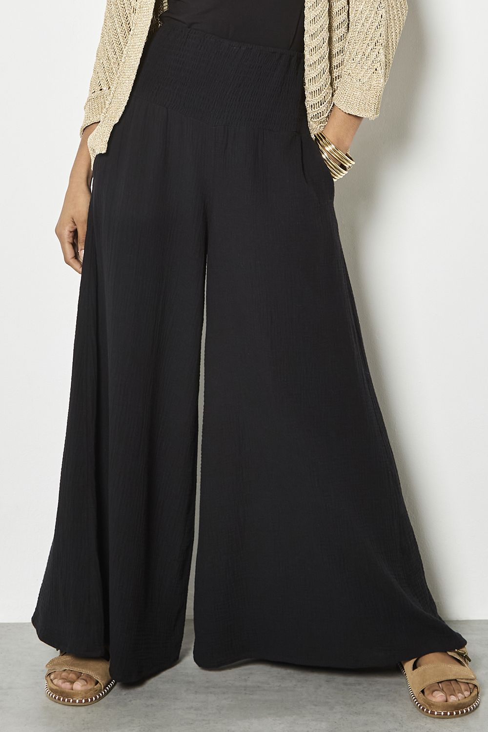 Apricot Textured Cotton Wide-Leg Trousers