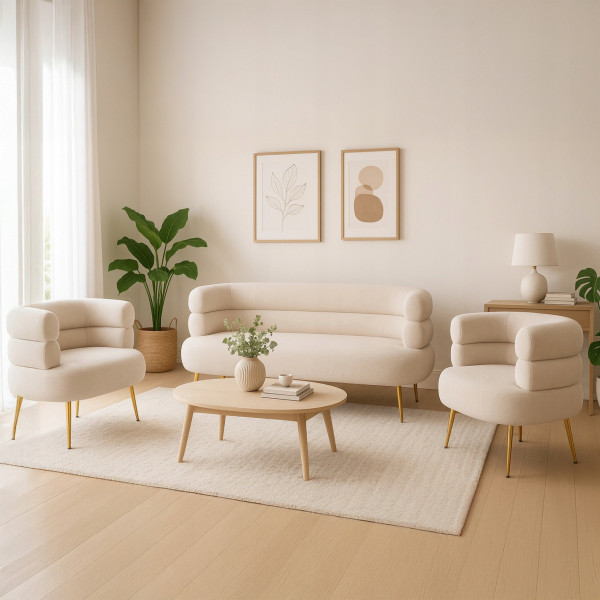 Zestaw Mebli Sofa i 2 Fotele Glamour Mała Kanapa Do Salonu Kremowy Złoty