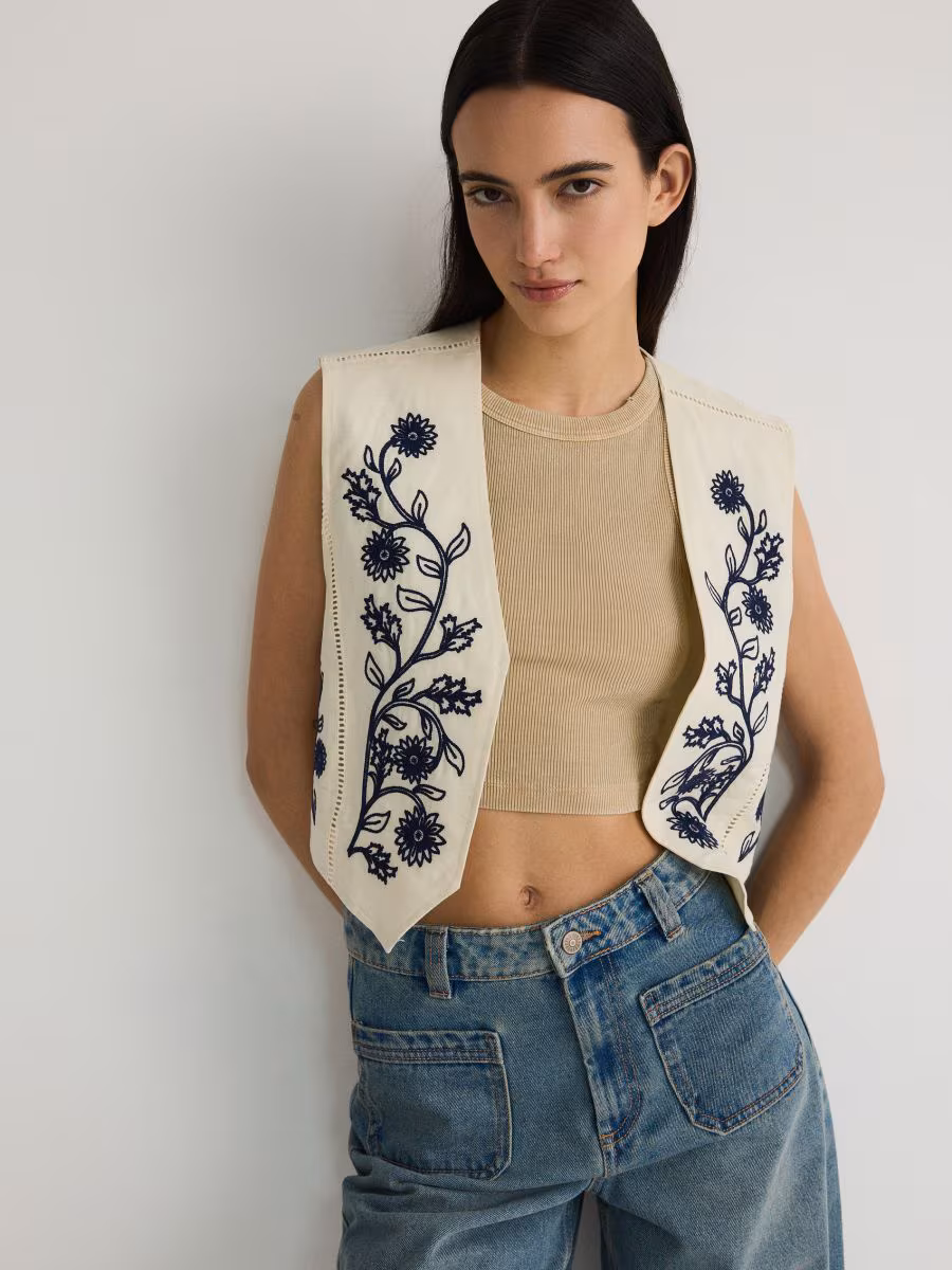 Linen Blend Vest With Embroidery Detailing