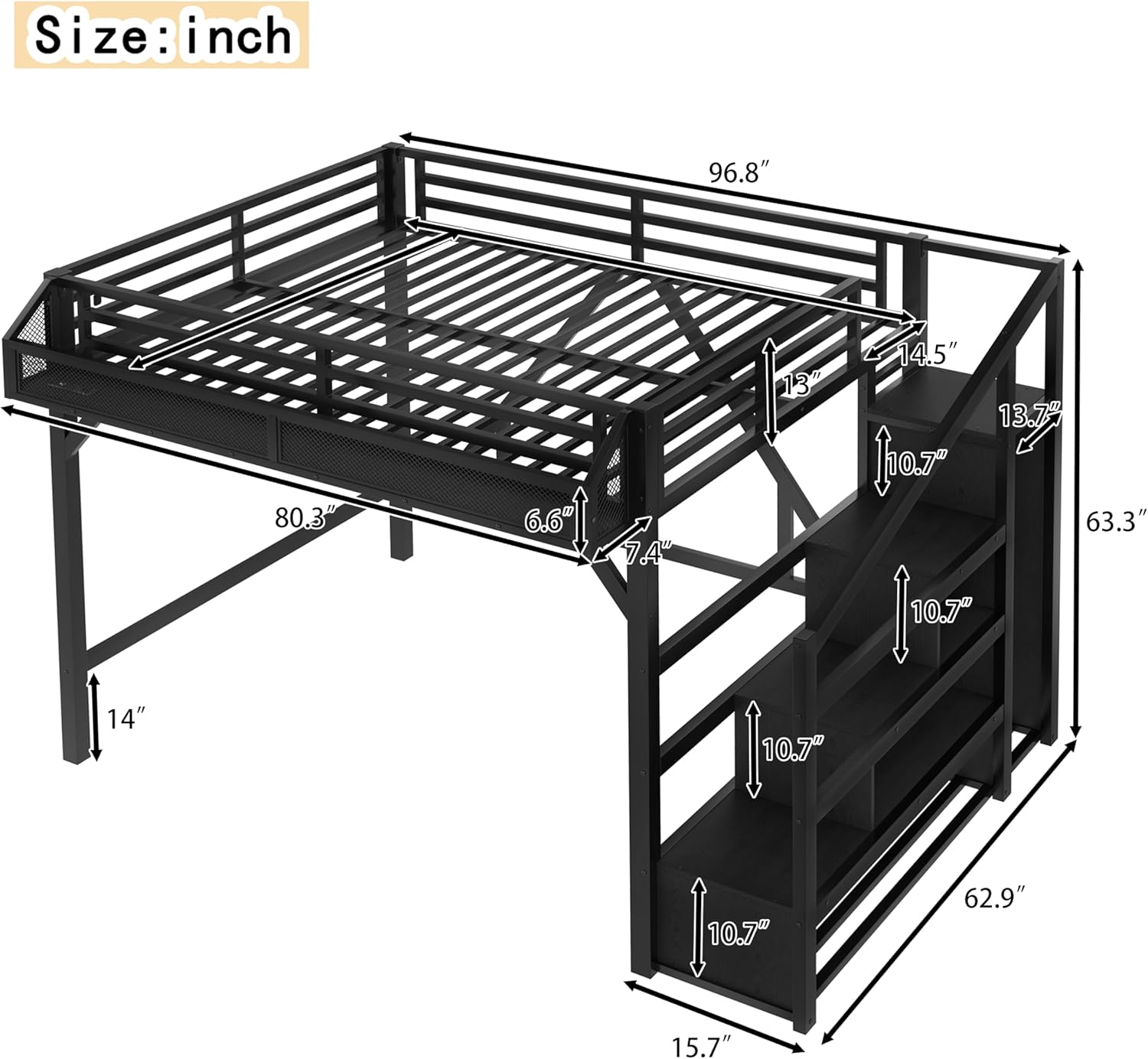 Bellemave Queen loft Bed with Storage Stairs, Wardrobe, Shelves, Metal Queen Size Loft Bed Frame for Adults, Kids, Teens, Black with Black Woodgrain