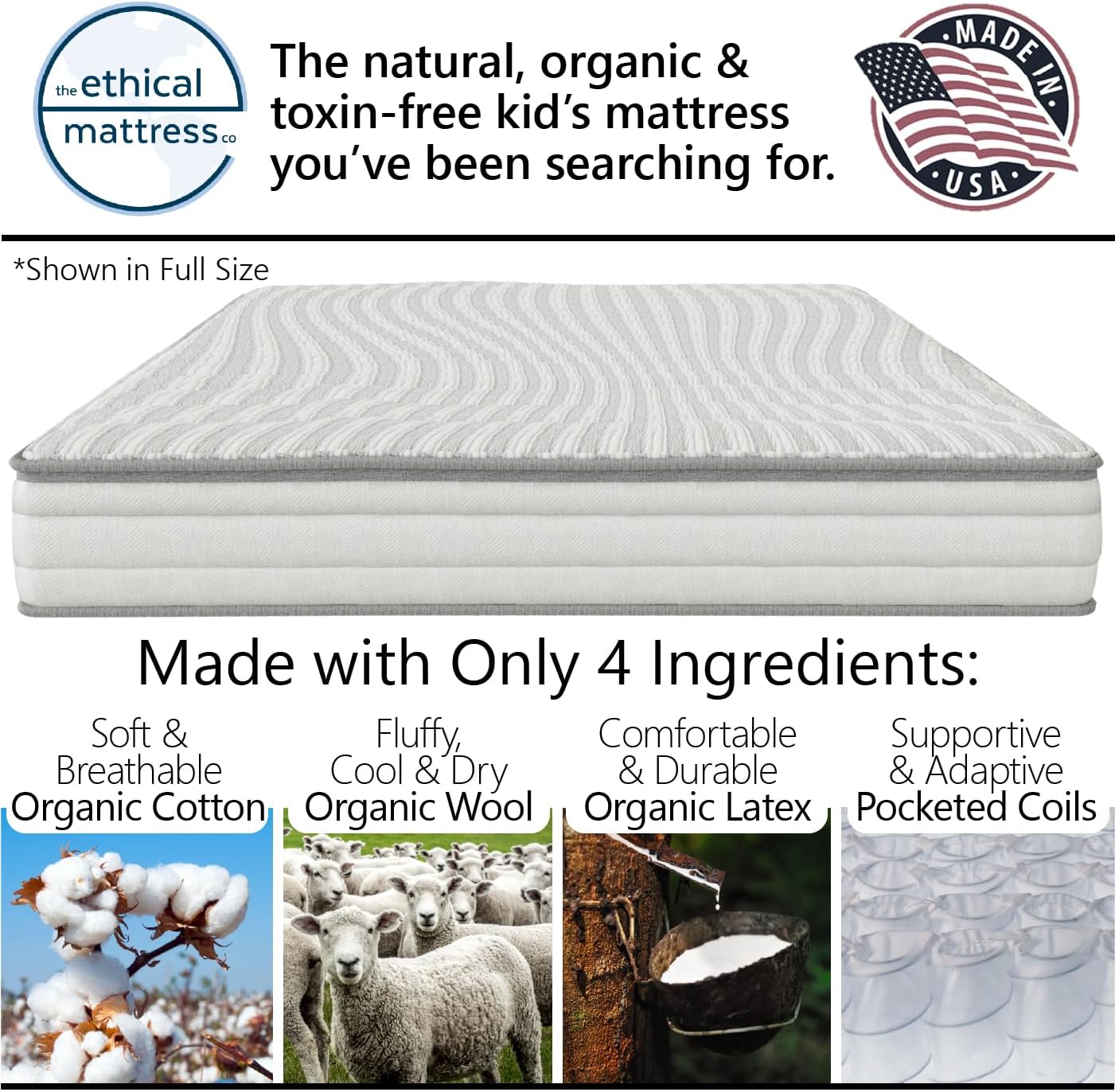 Ethical Mattress CO 6 Kid’s Mattress, Toxin-Free, Made in The USA with Organic Cotton, Wool, Latex & Pocketed Coils (Bed-in-a-Box); Perfect for bunk beds, trundles & Platform beds - Full Size