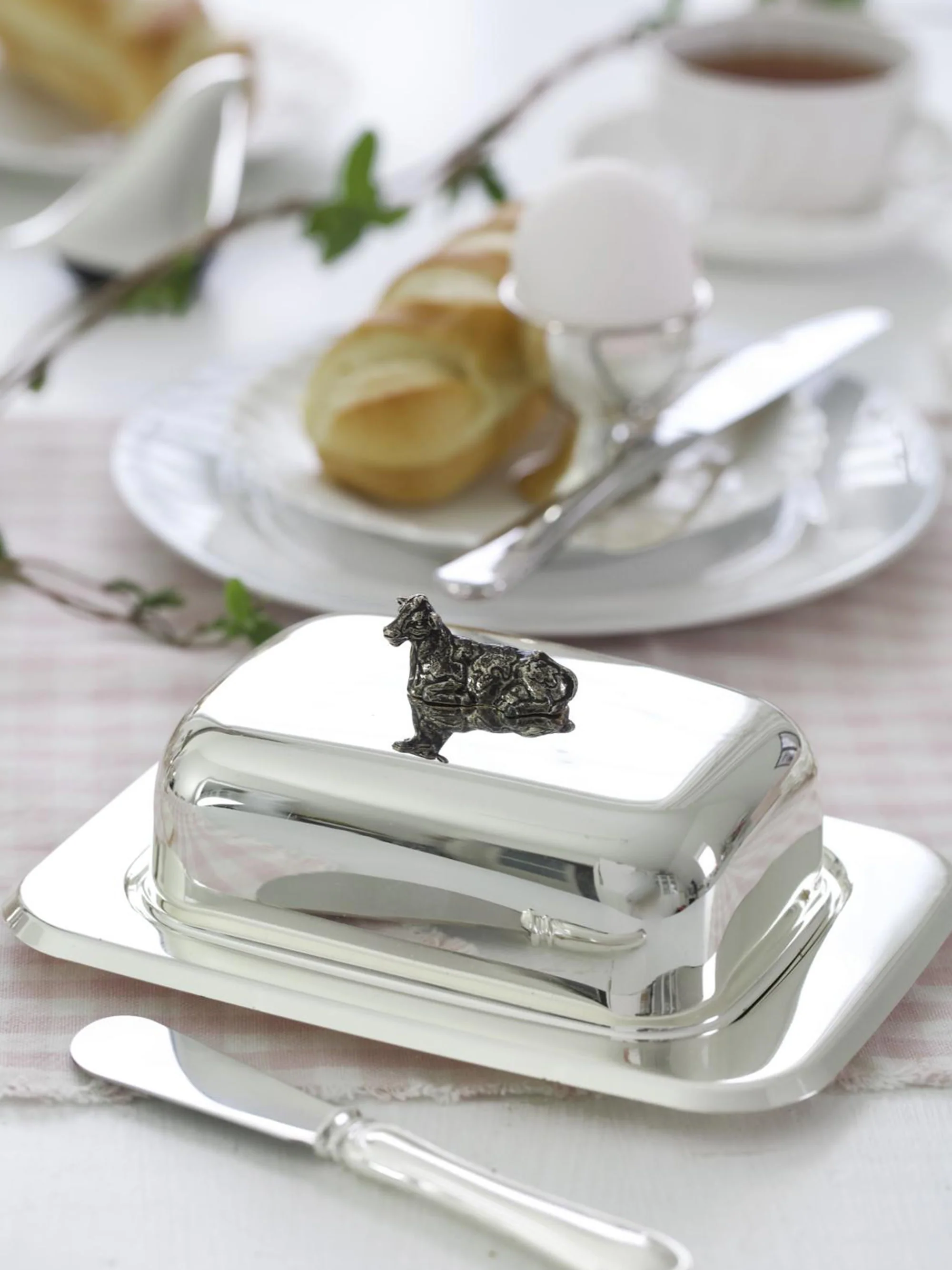 Versilbertes?Butterdosen-Set Cow?mit?Messer, 4er-Set