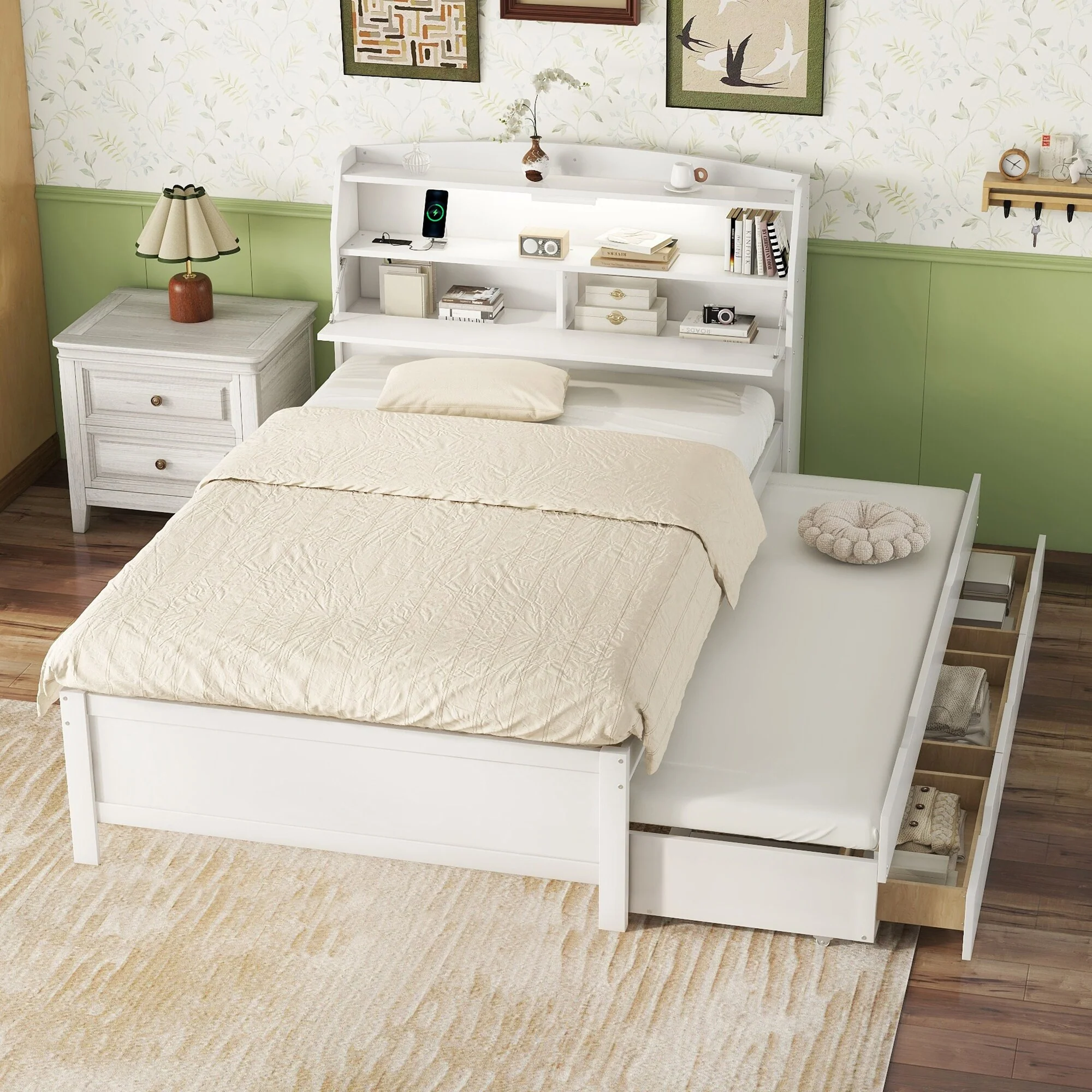 Full Size Wooden LED Platform Bed with Trundle, with Storage Headboard, with Drawers, White