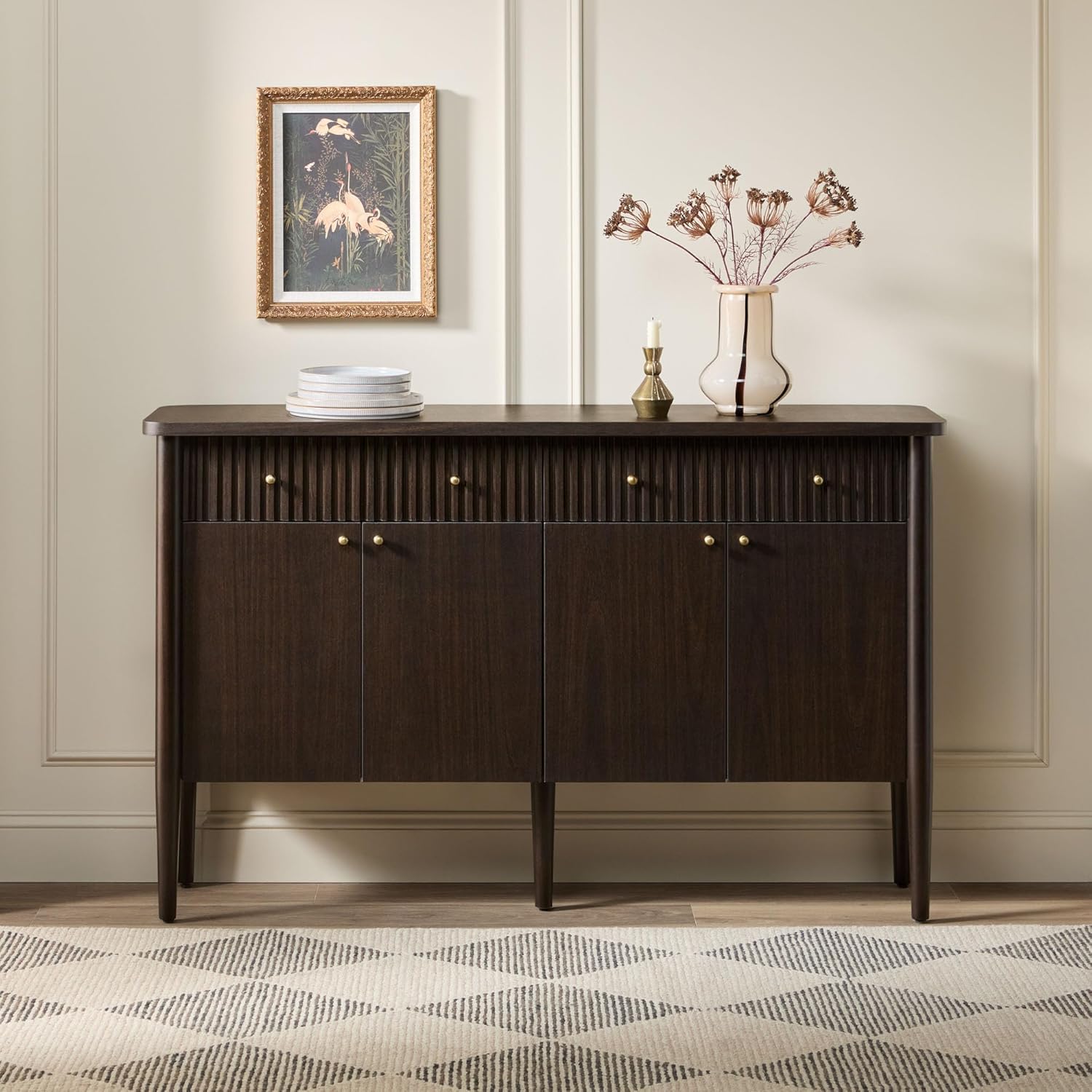 Walker Edison Samantha Modern Fluted Wood Buffet Sideboard with Storage 58 Inch, Dark Brown Oak