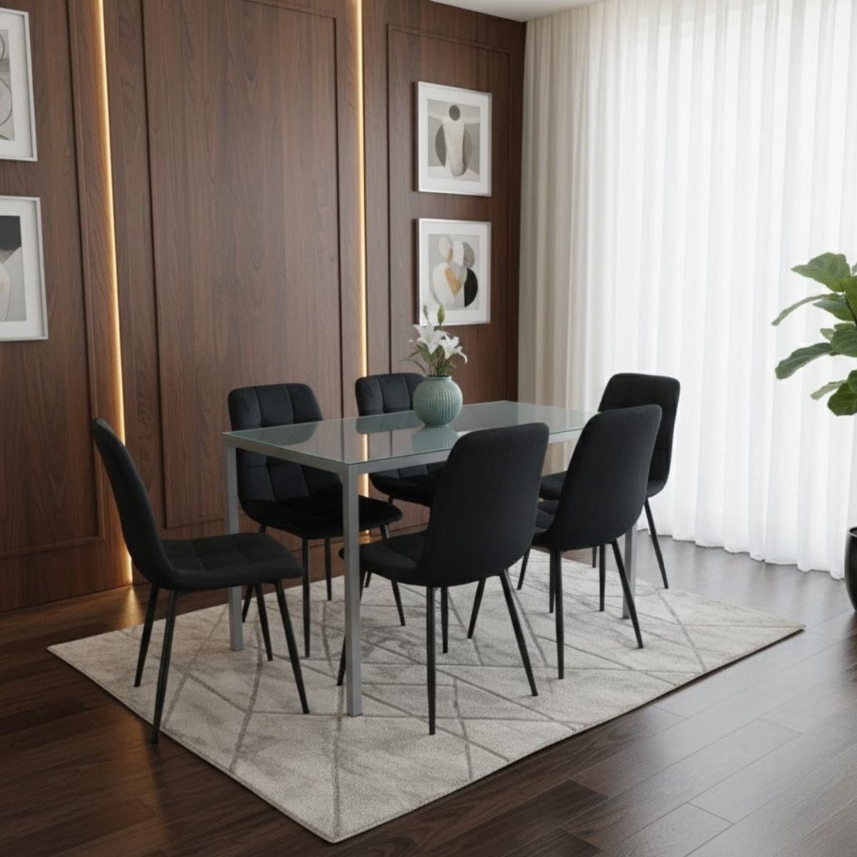 KOSY KOALA Grey Glass Dining Table with 6 Black Velvet Chairs Set