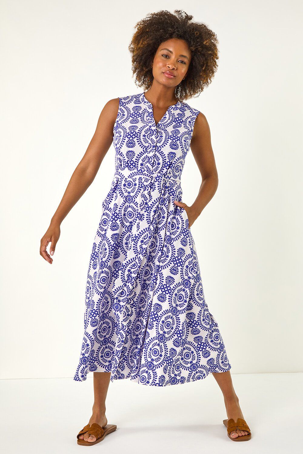 Roman Circle Print Belted Midi Dress