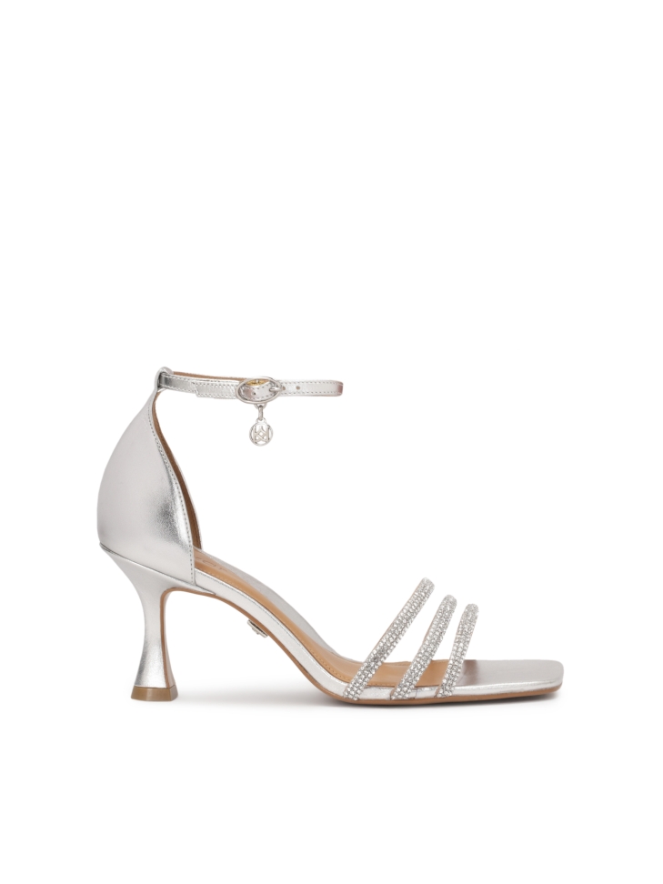 Silver leather sandals with a covered heel