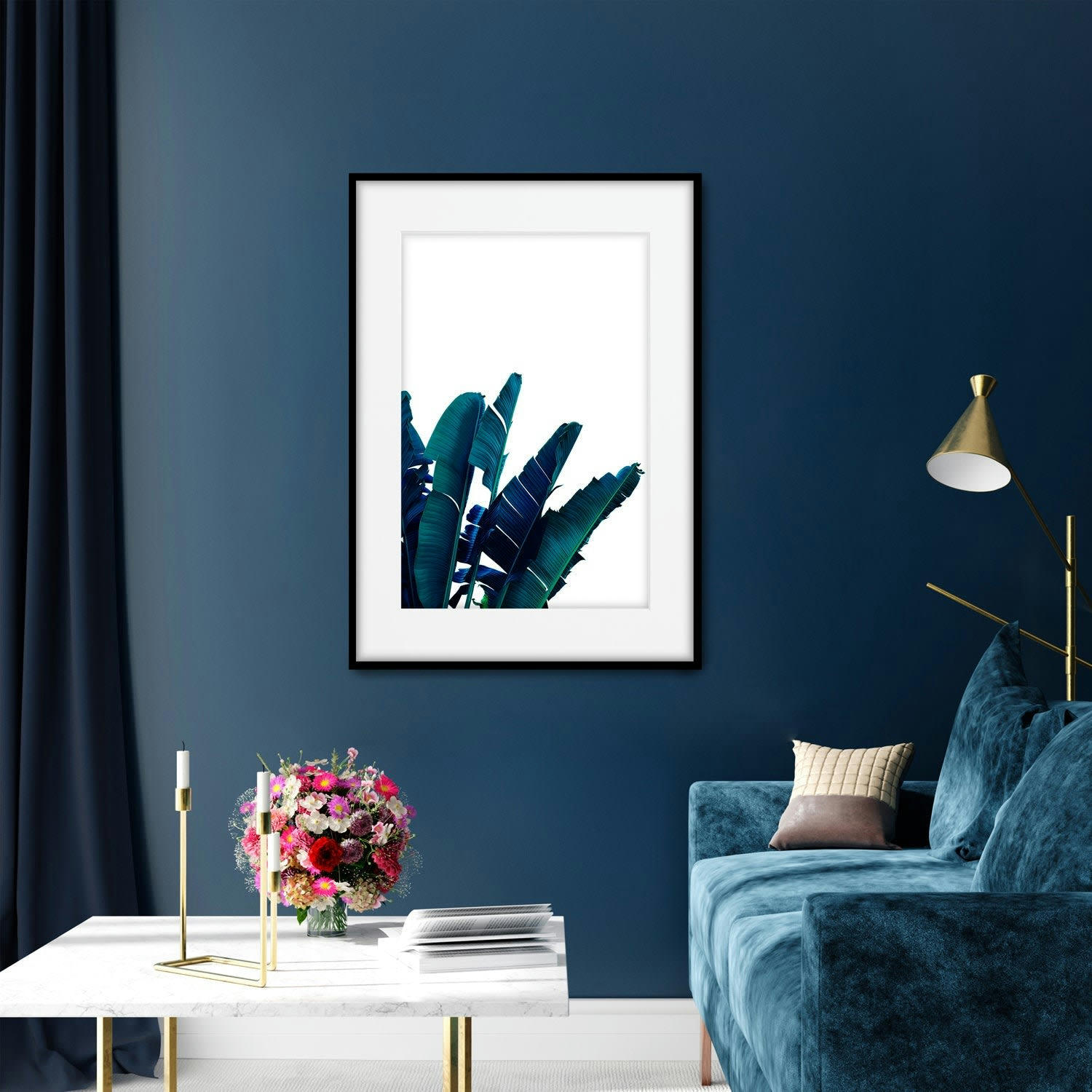 PALMERAS - Affiche avec cadre noir - Feuille de palmier sur fond blanc - 50x70