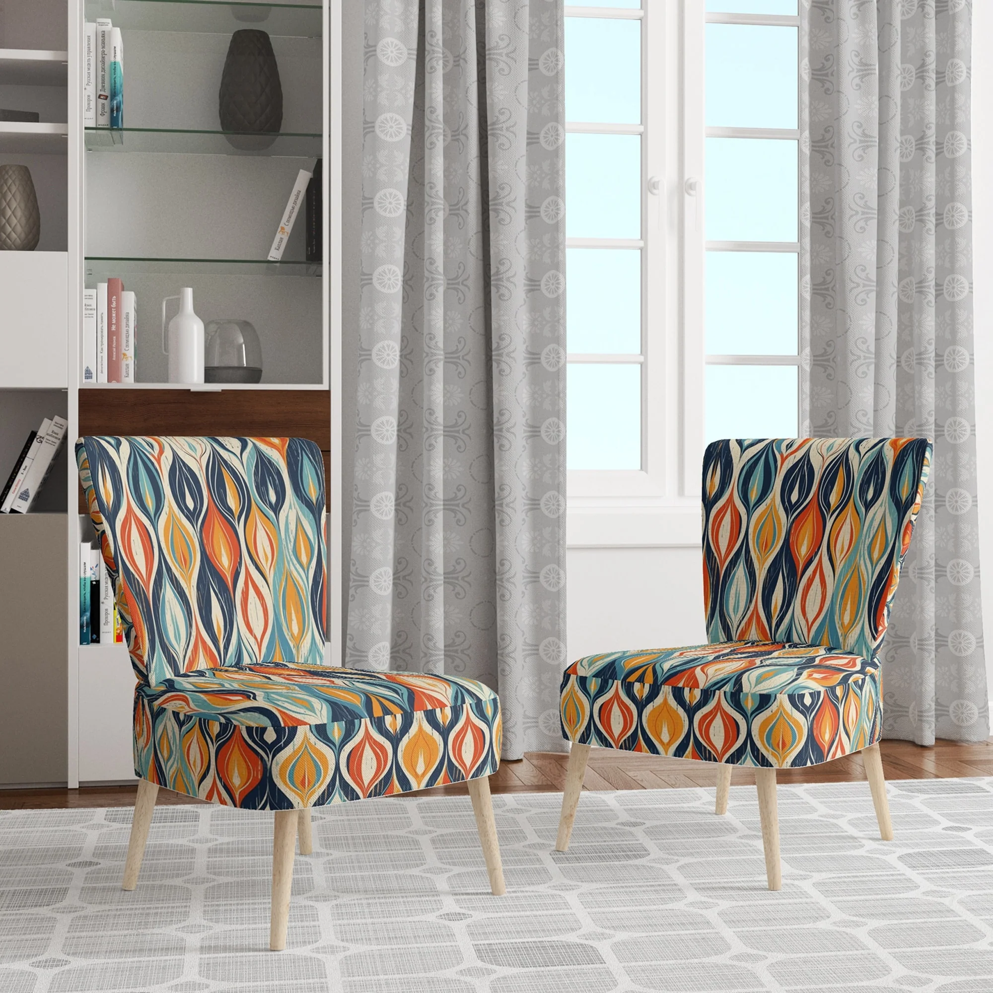 Designart Orange and Blue Botanical Symphony III Upholstered Abstract Accent Chair and Modern & Contemporary Arm Chair