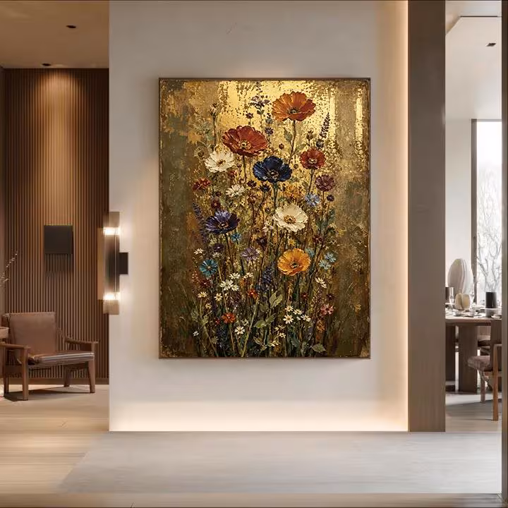 Gold Gilded Wildflower Poppy Wall Art, Vintage Textured Floral Canvas Print, Antique Colorful Meadow Painting, Large Vertical Entryway Decor