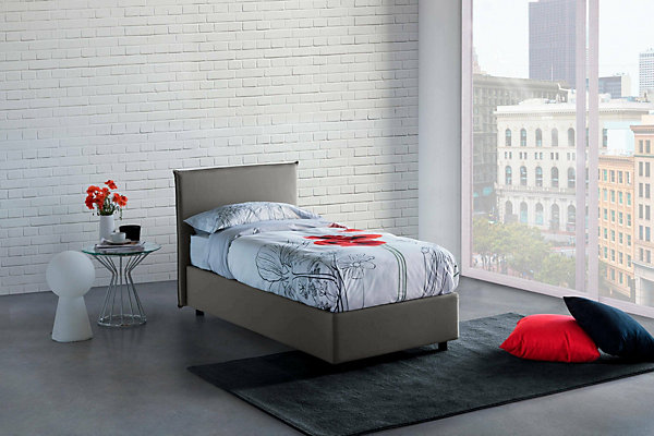 Lit simple Daugell, Lit coffre avec revêtement en tissu, Ouverture latérale, avec matelas 80x190 cm inclus, Taupe