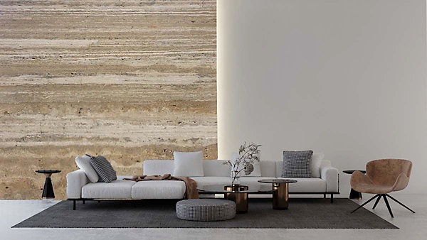Panneau 2500x900x25 mm en véritable Travertin strié sur composite à chants nus