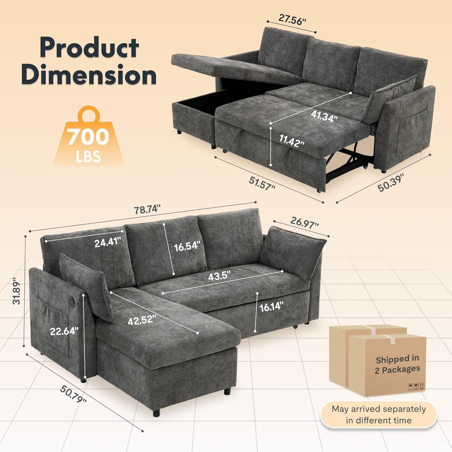 FLEXISPOT XB5 78 Pull Out Couch Bed with Storage Chaise,3-Seater Sectional Sofa Bed with USB Charging Ports, 2-in-1 Convertible Sofa Couch for Living Room Apartment, Easy to Assemble(Gray)