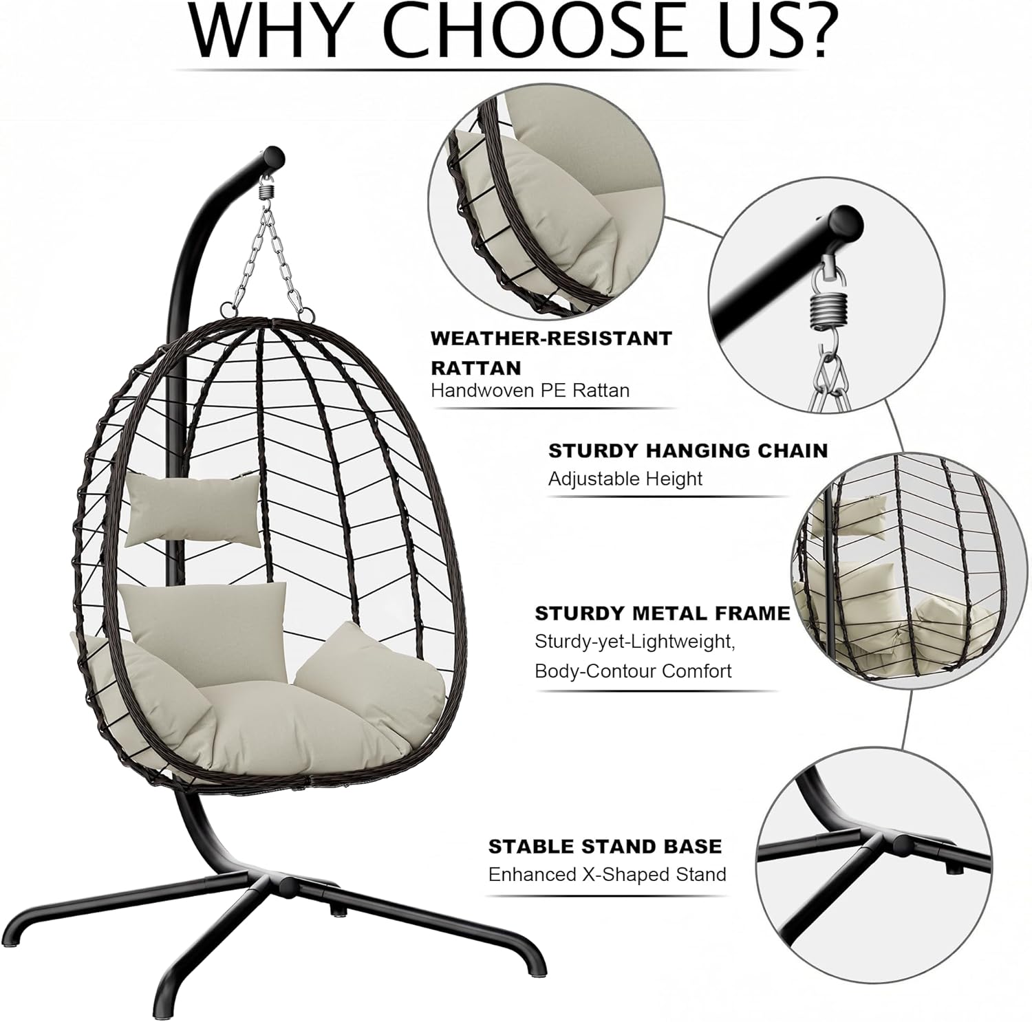 LEX CRAFT Hanging Egg Chair with Stand, Swinging Egg Chair Outdoor Indoor, Hanging Basket Chair with Cushion, Patio Wicker Hammock Chair 350lbs Capacity for Porch, Balcony, Backyard, Garden (Beige1)