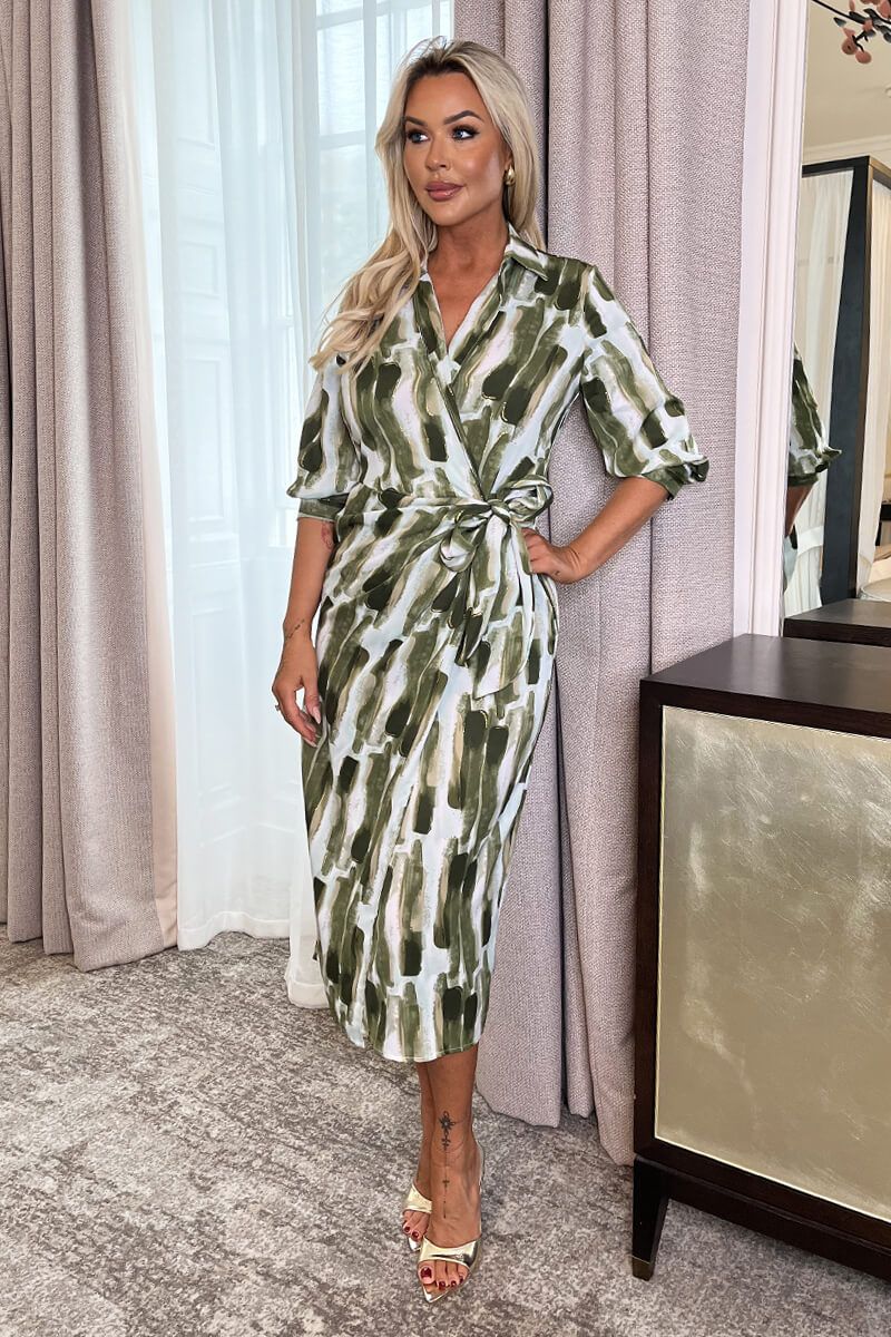 AX Paris Khaki Brush Stroke Print 3/4 Sleeve Tie Waist Wrap Shirt Midi Dress