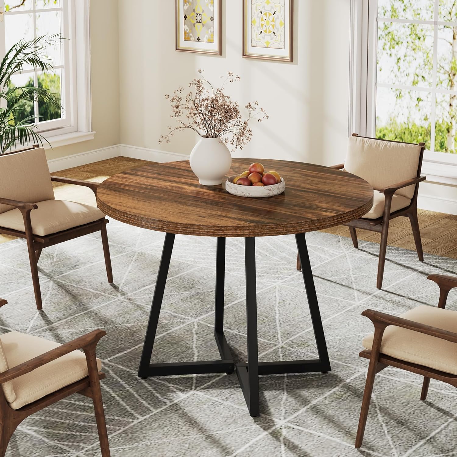Tribesigns Round Dining Table for 2, 31.5 Industrial Kitchen Table with Metal Base, Small Table for Dining Room, Small Space, Apartment, Office, Restaurant, Rustic Brown & Black