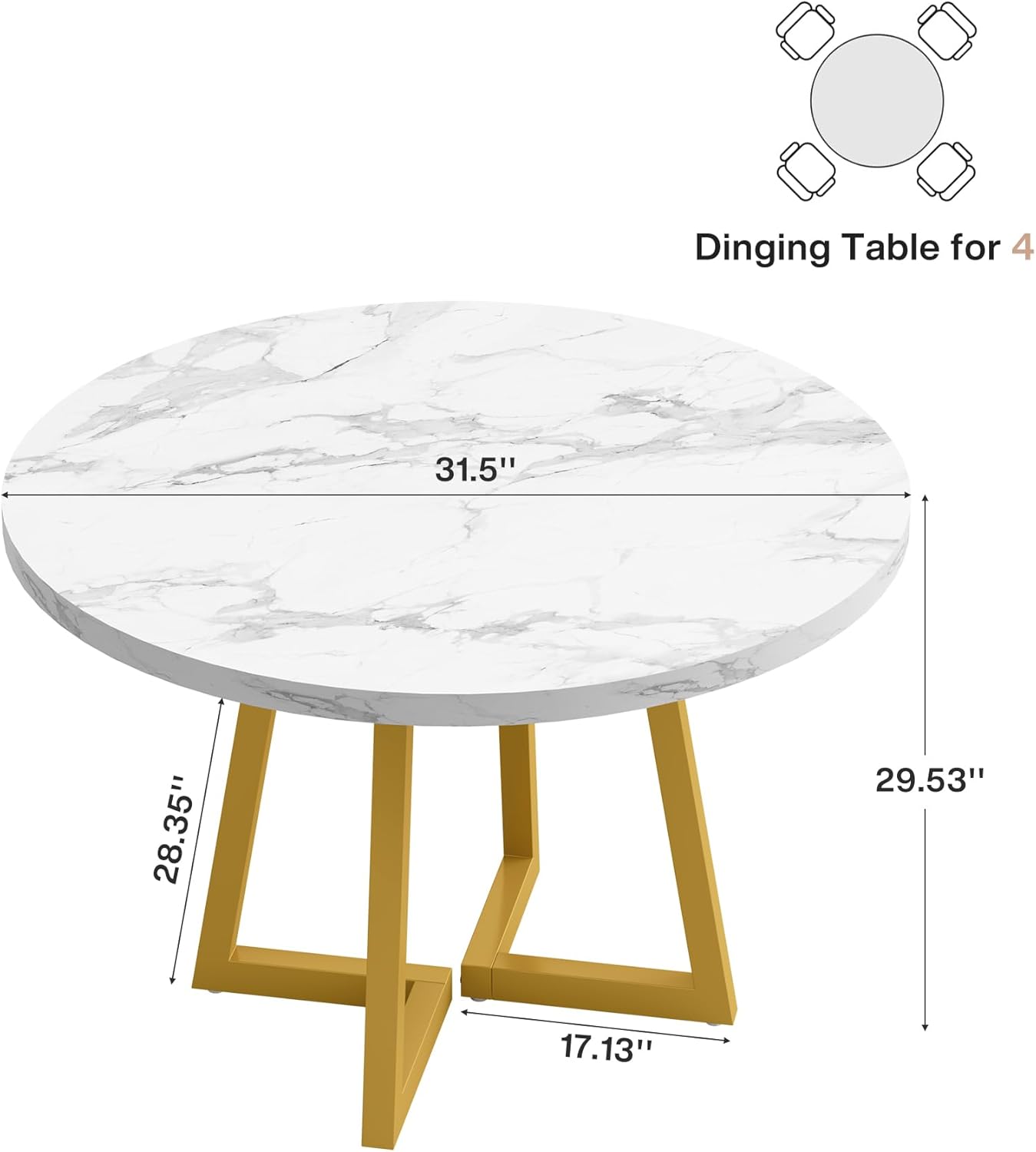 Tribesigns Round Dining Table for 2, 31.5 Modern Kitchen Table with Metal Base, Small Table for Dining Room, Small Space, Apartment, Office, Restaurant, White & Gold