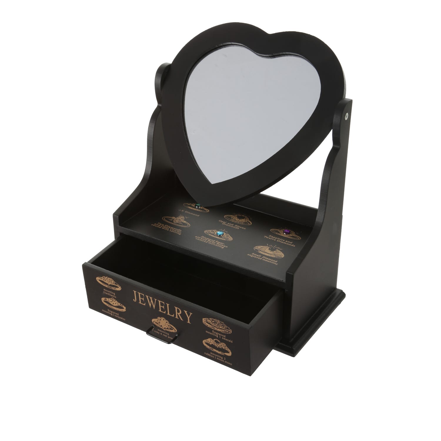 Specchio cuore con cassetto portagioie nero