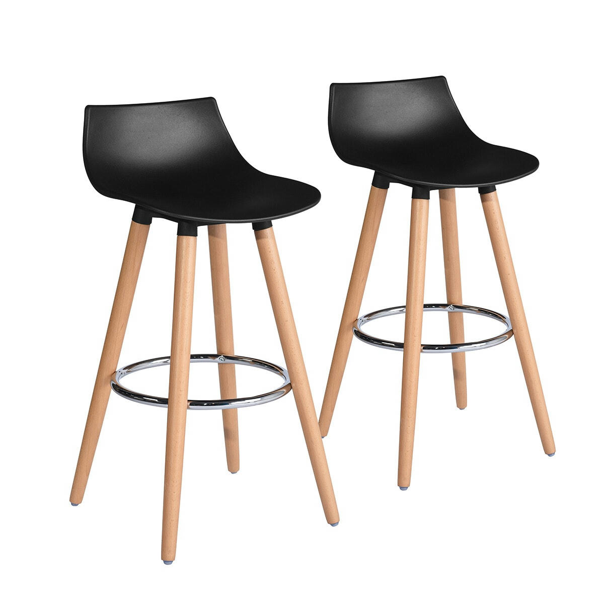 NOIR - Lot de 2 tabourets de bar scandinaves en résine noir et pieds en bois
