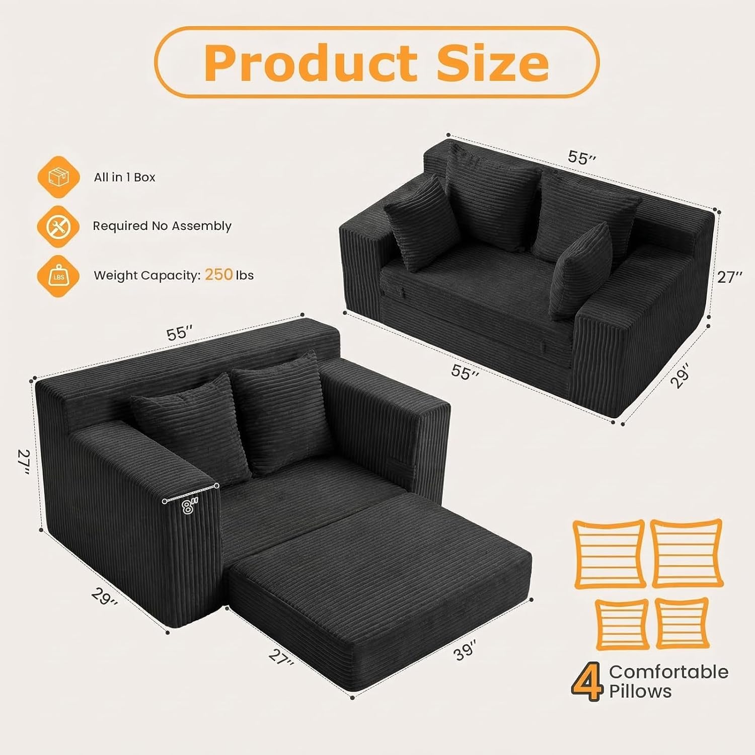 55 Small Boneless Couch, 3-in-1 Boneless Loveseat Sleeper Sofa Bed Convertible Sofa Bed with 4 Pillows, Black Corduroy Boneless Couch for Living Room, Guest Room, Small Space, No Assembly Required