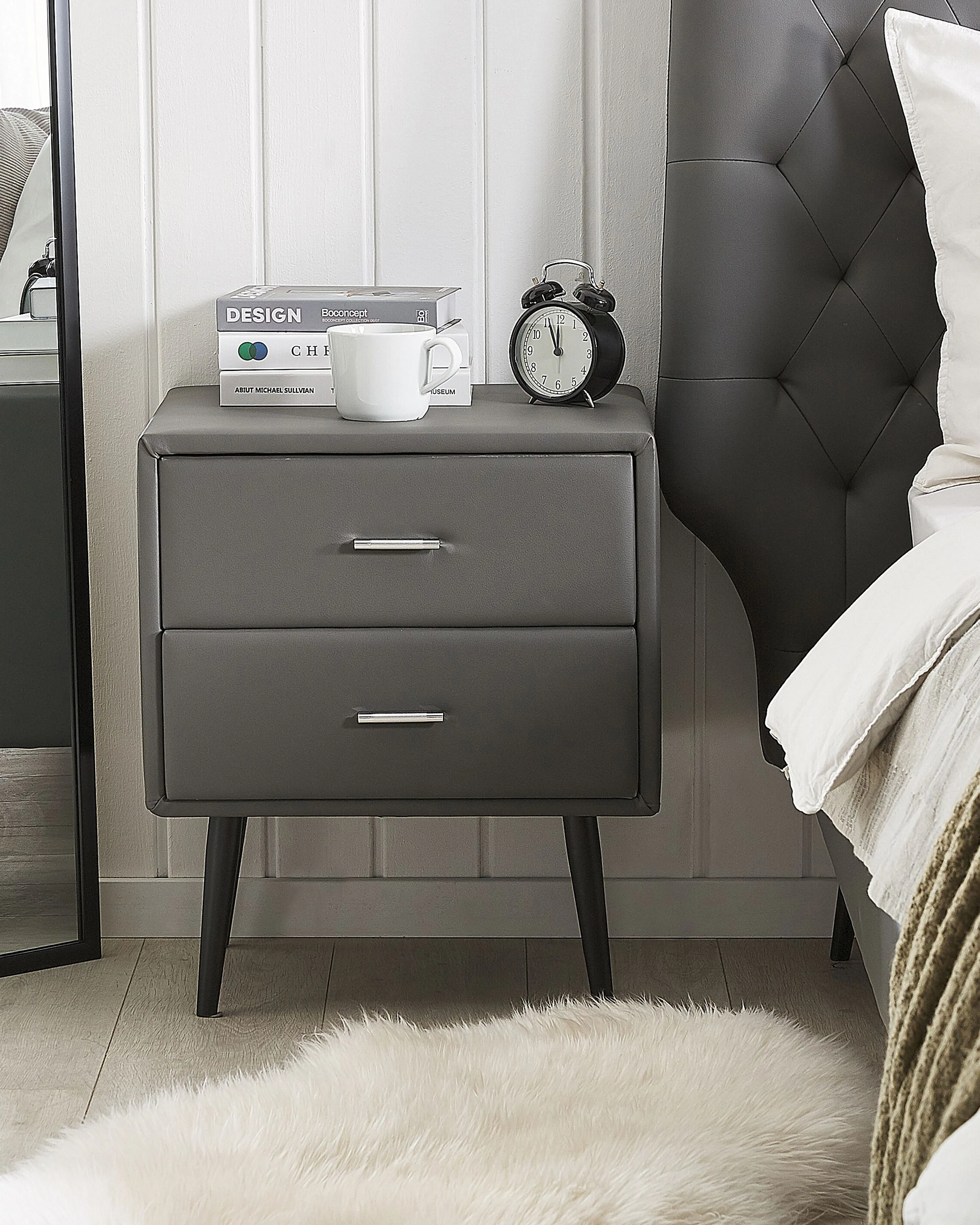 2 Drawer Bedside Table ESSONNE Faux Leather Grey