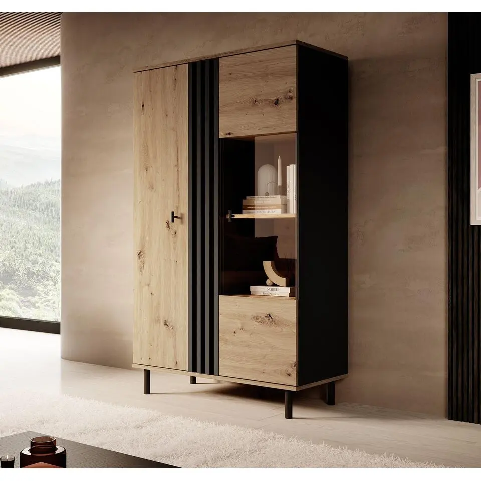 Meubella - Vitrinekast Marcos - Eiken - Antraciet - 90 cm