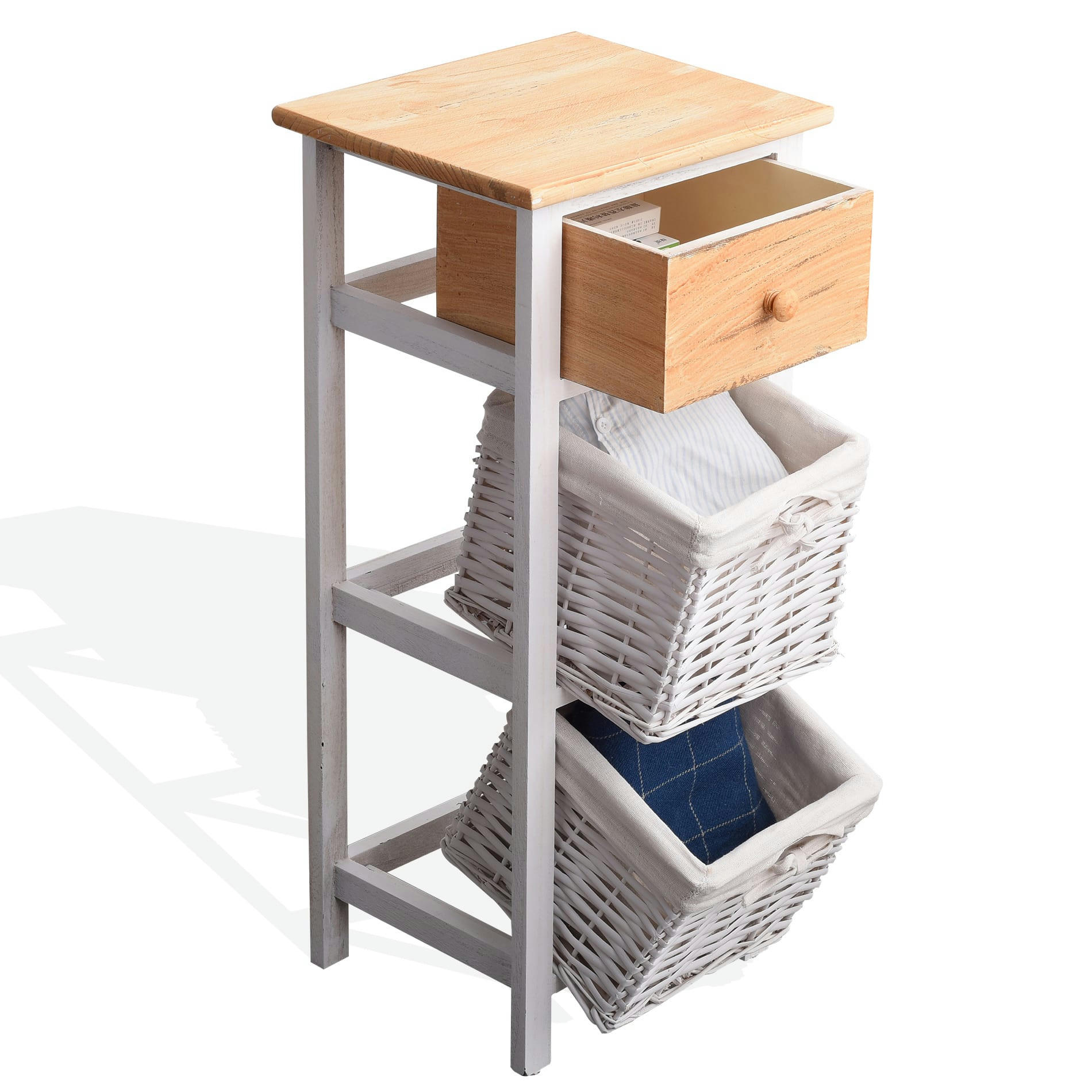 - Table de chevet avec 3 en bois et osier blanc et marron