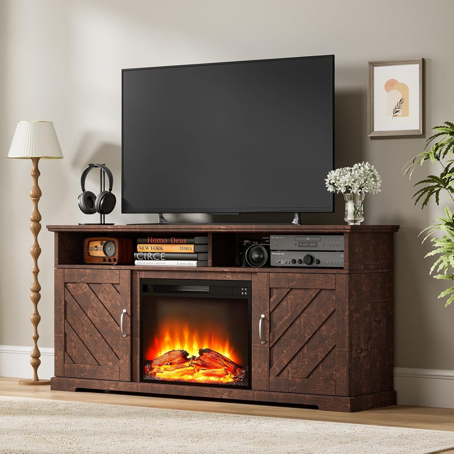 Marsail Fireplace TV Stand up to 70 TV with Storage, Farmhouse Entertainment Center with 23 Electric Fireplace, Adjustable Shelves, Remote Control & Cable Management, for Living Room, Brown