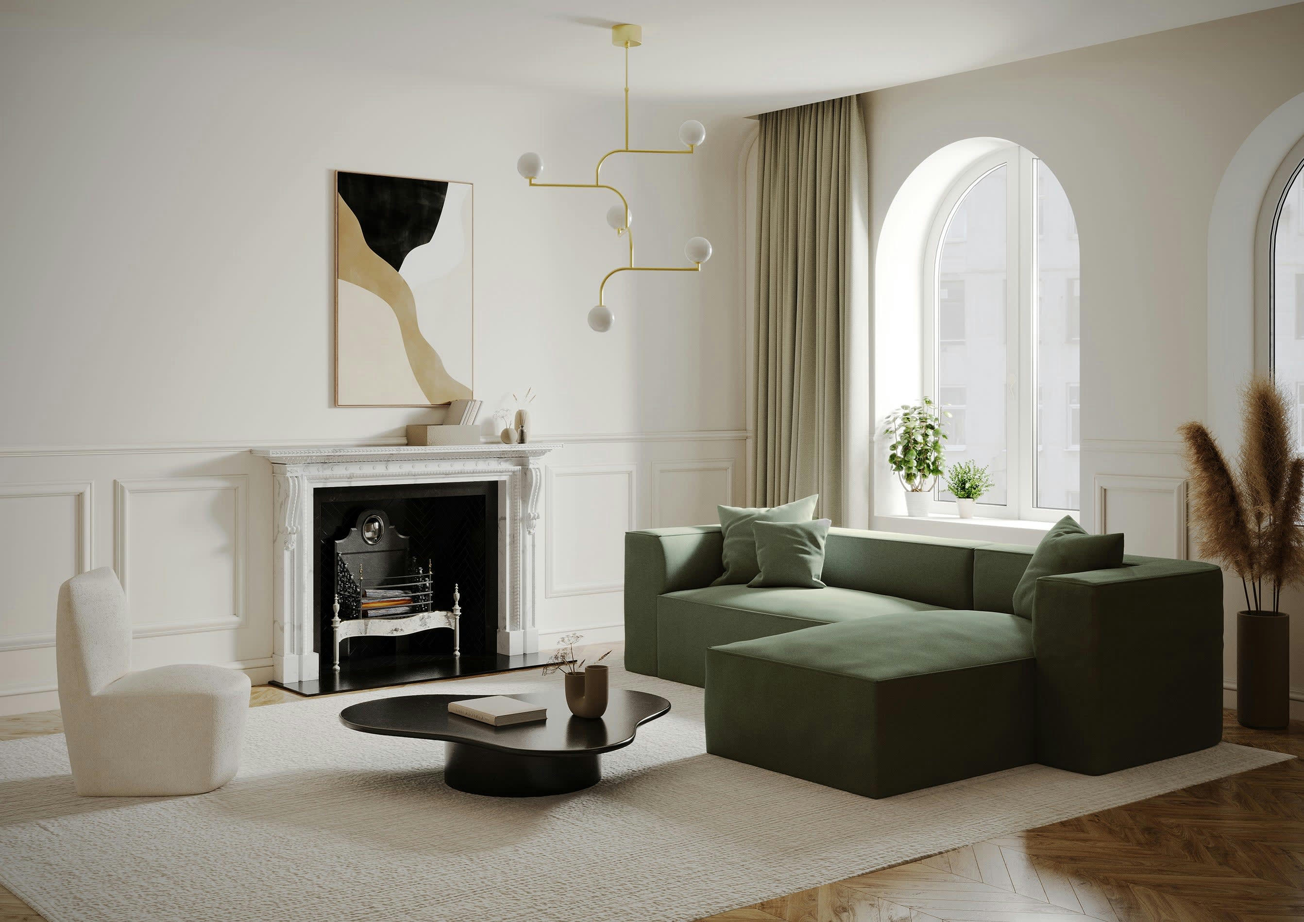 ALMA - Canapé d'angle droit tissu tramé vert olive